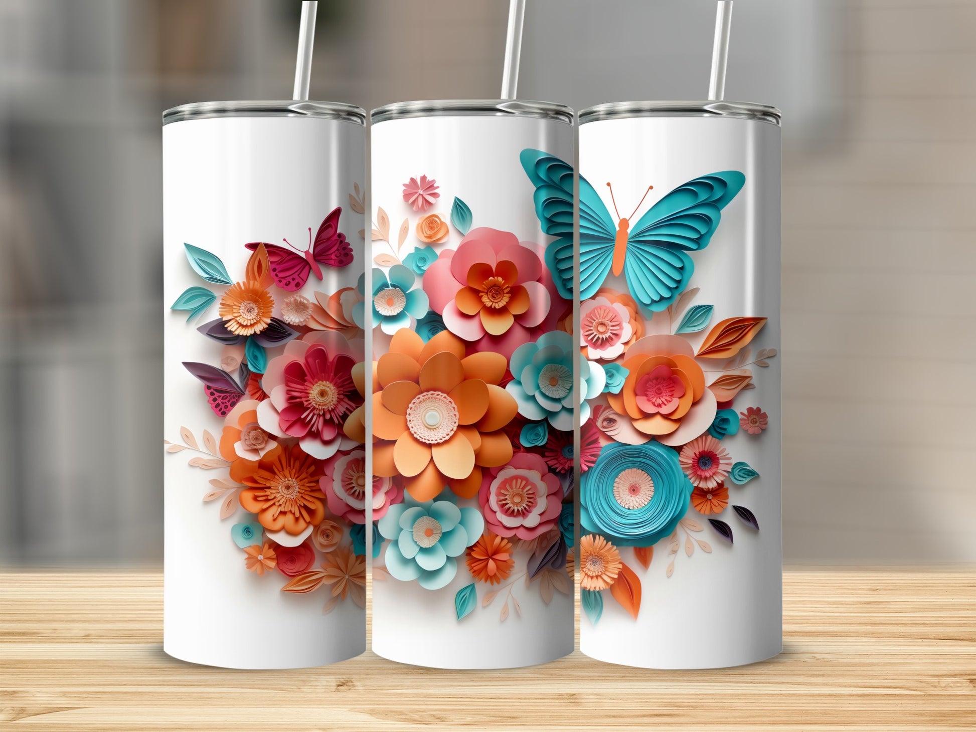 Colorful Floral and Butterfly Insulated Tumbler Product