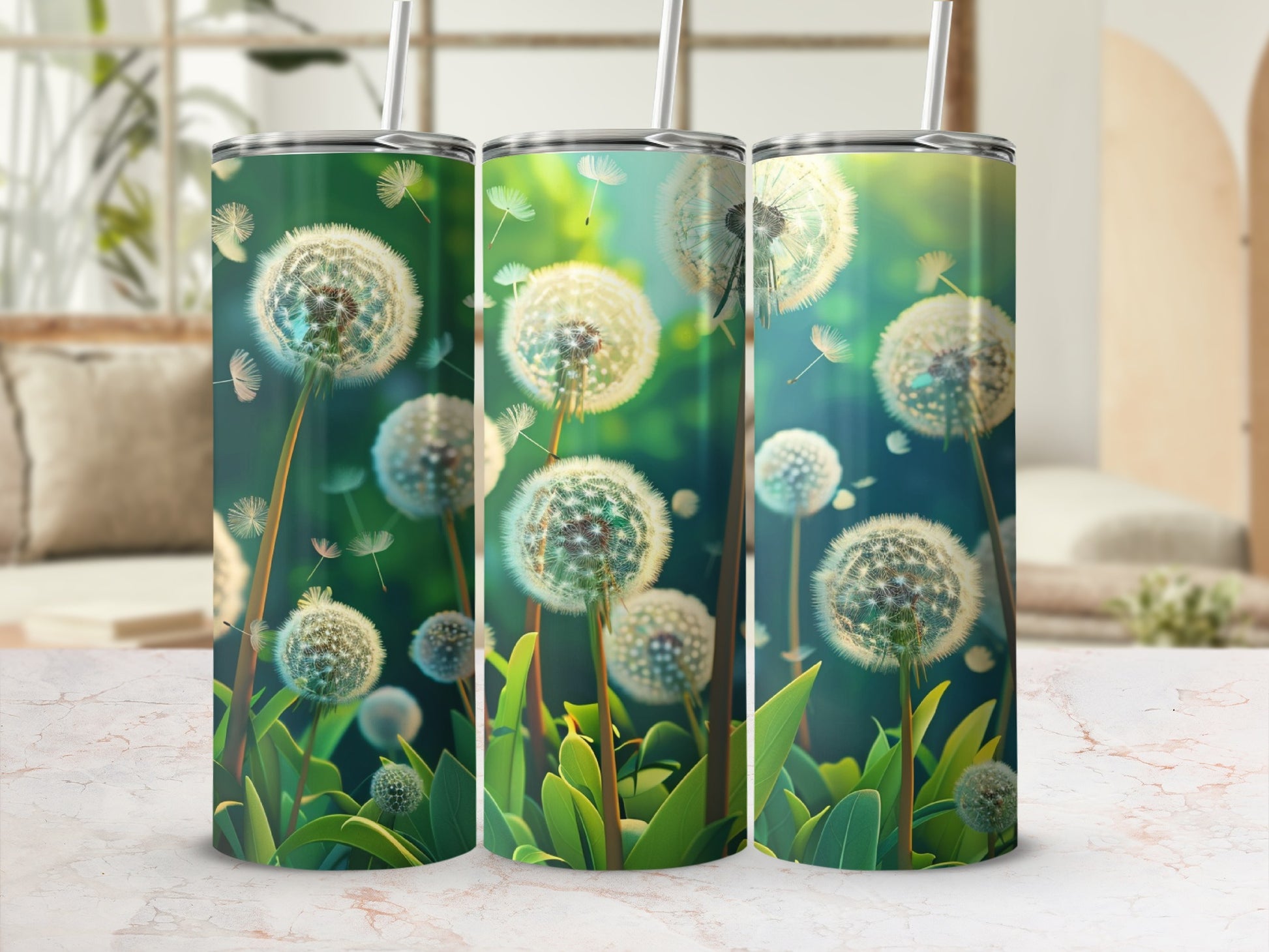 Three tumblers with dandelion puffballs and green leaves design.