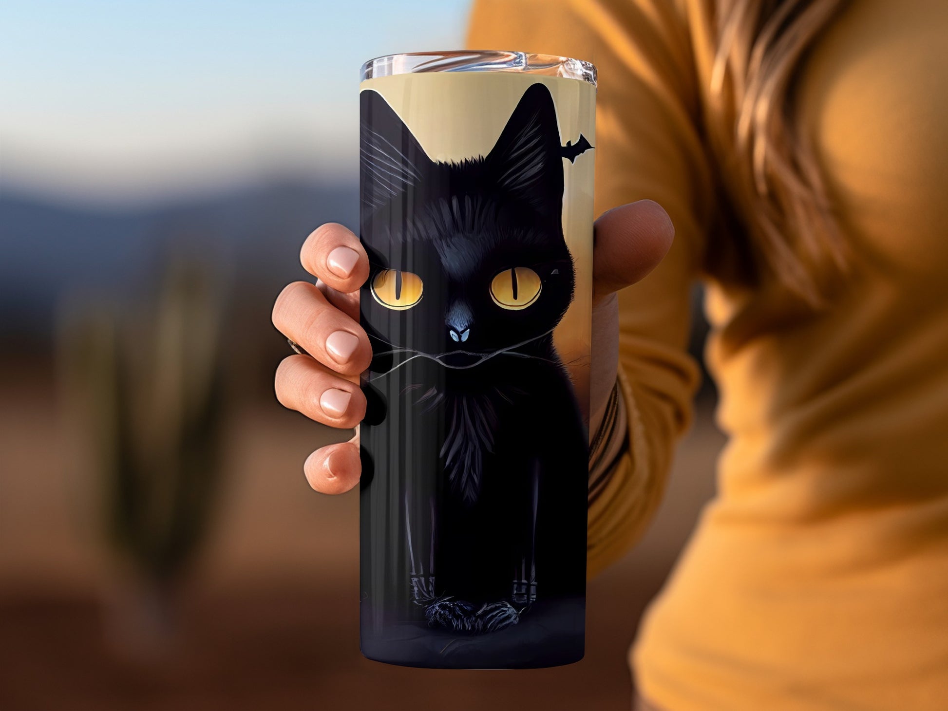 Spooky Black Cat with Yellow Eyes Artwork Tumbler