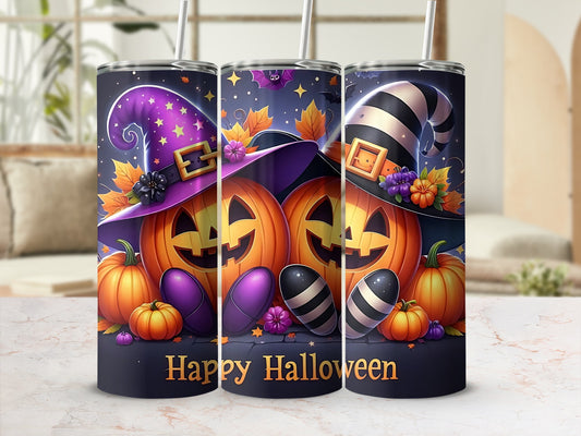 Three tumblers with Halloween theme featuring pumpkins, witch hats, and "Happy Halloween" text.