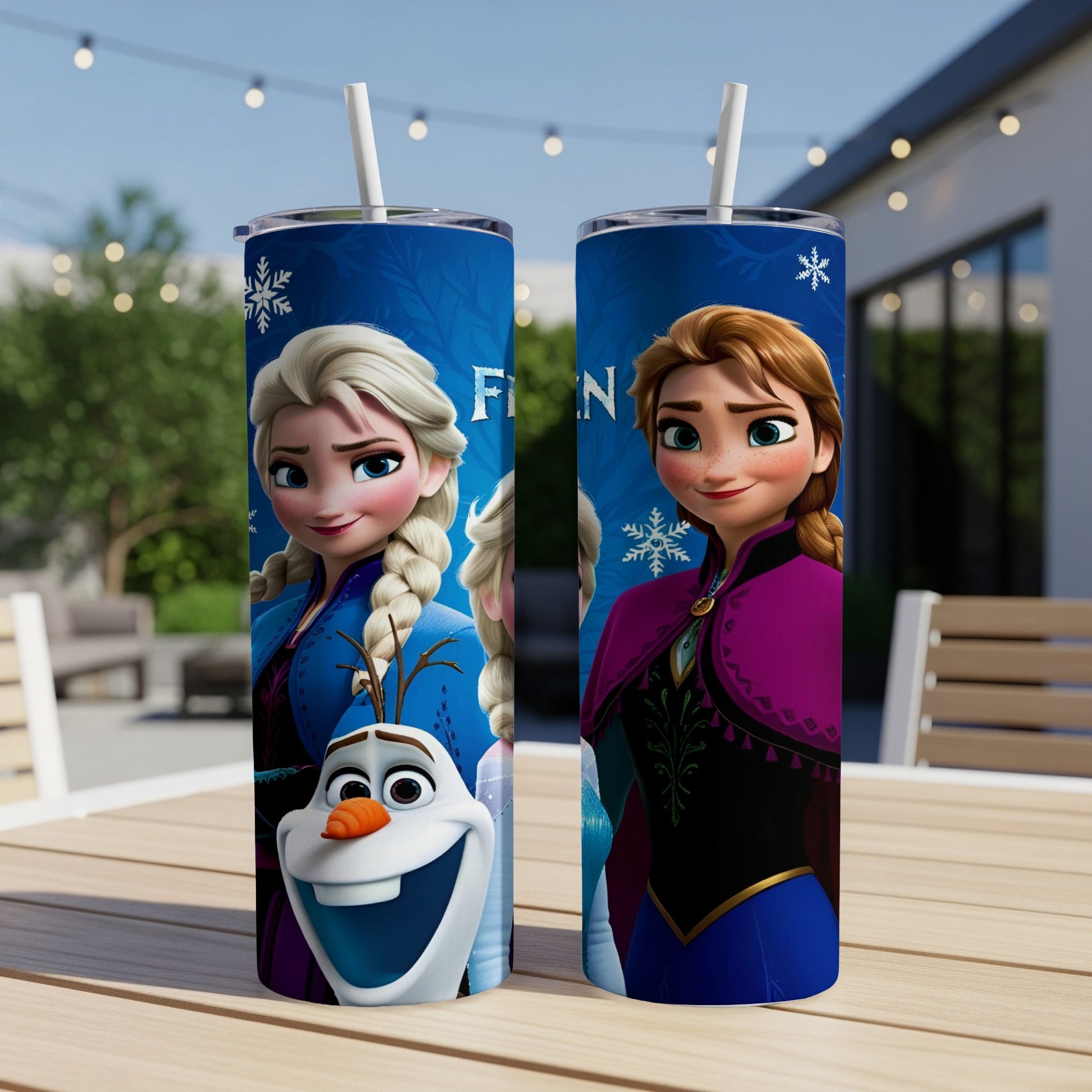 Two tumblers featuring Disney's Frozen characters Elsa, Anna, and Olaf.
