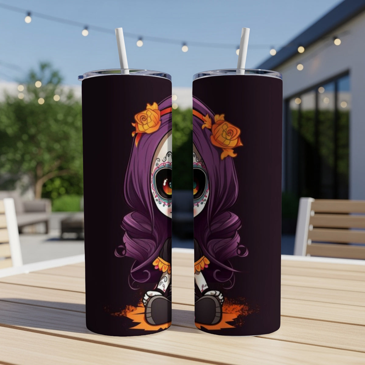 Two tumblers with a Day of the Dead inspired illustration of a girl with purple hair and flowers.