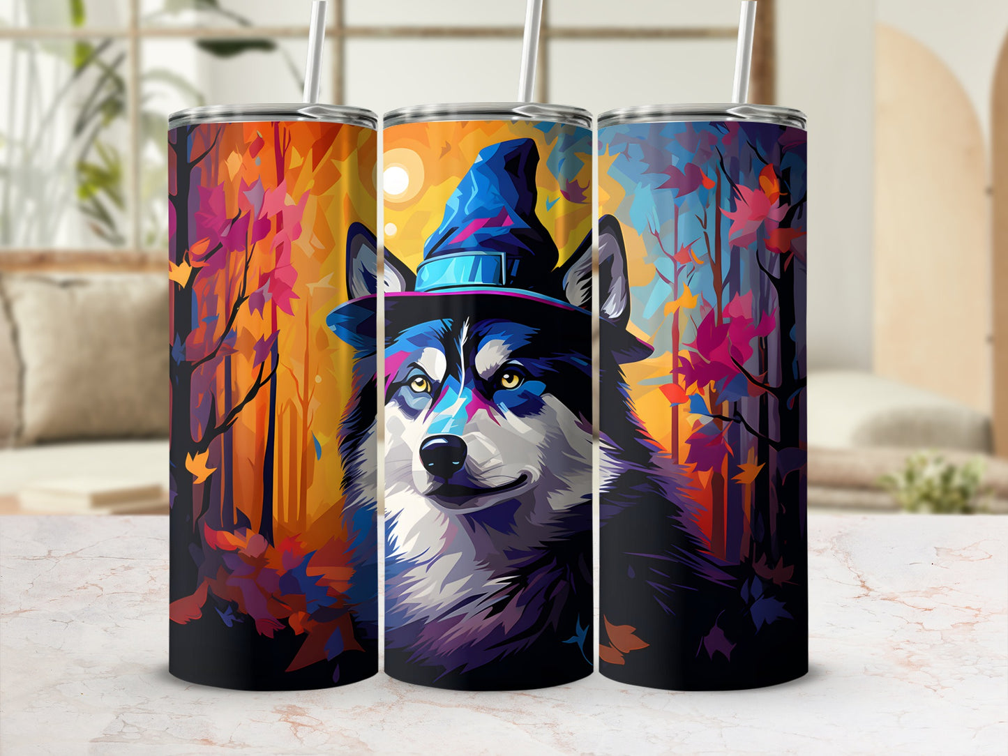 Triptych of tumblers featuring a husky wearing a witch hat among colorful autumn trees.