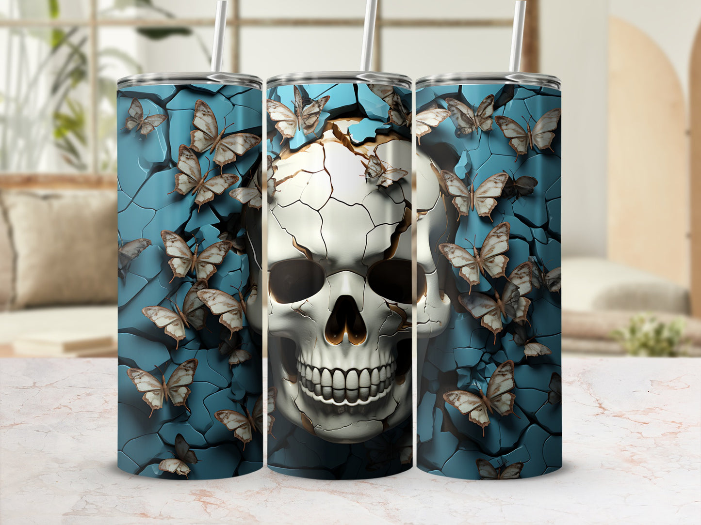 Cracked skull with butterflies on blue background, three tumblers.