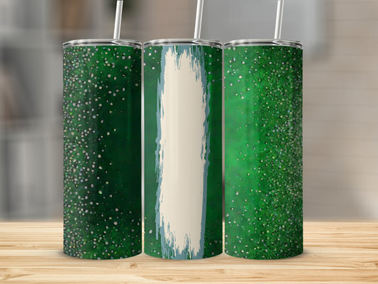 Three tumblers with a green, white, and green striped design and glitter effect.