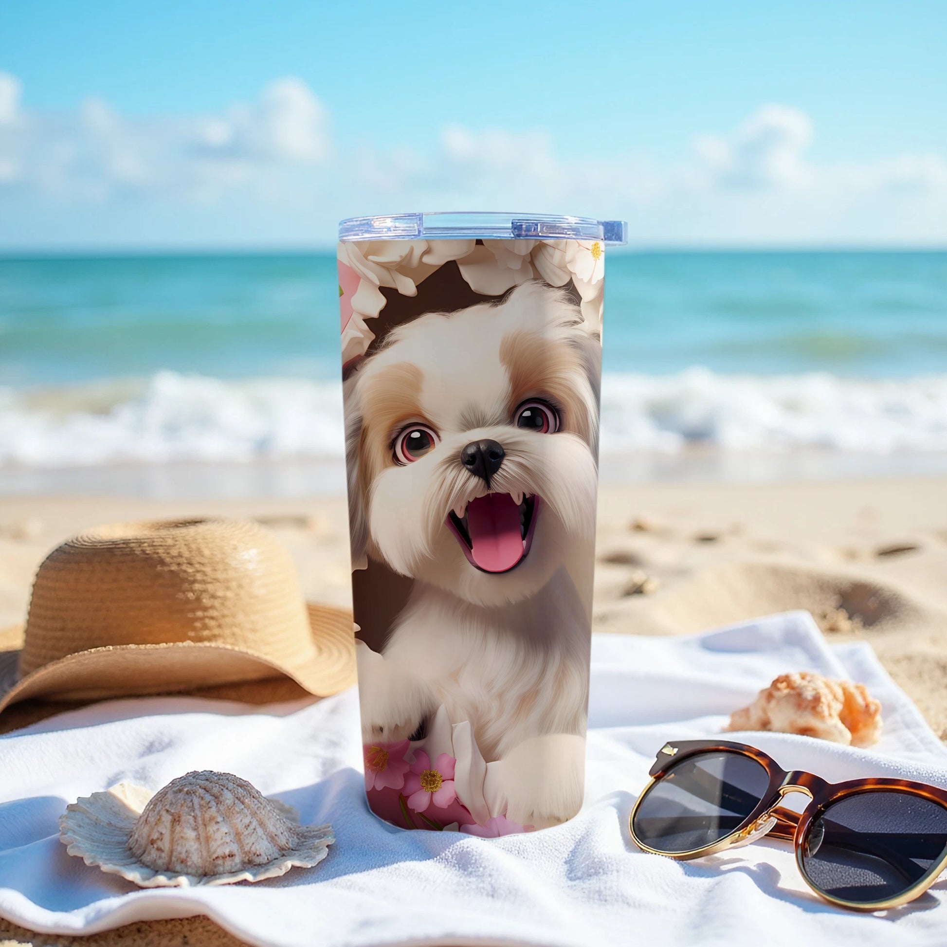 Happy Shih Tzu Dog Design Beach Tumbler product type
Shih Tzu
Dog tumbler
Puppy design
Cute dog
Happy dog
Floral design
Flower tumbler
Beach theme
Summer drinkware
Pet lover gift
Dog mom gift
Travel mug
Insulated tumbler
Beverage holder
Animal print
Adorable pup
Vacation accessory
Sunny beach
Water bottle
Drink cup