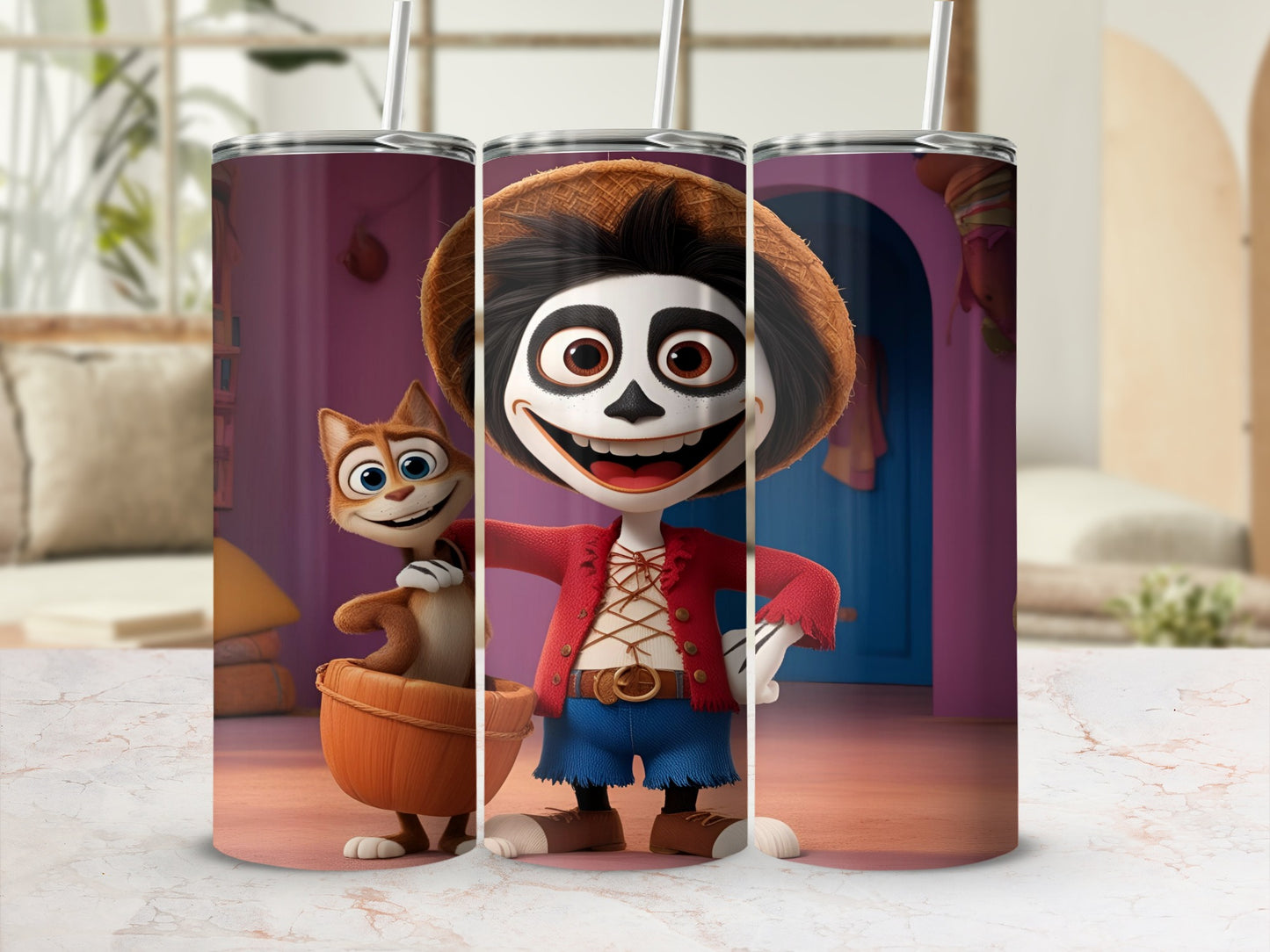 Miguel and Dante from Coco on a tumbler.