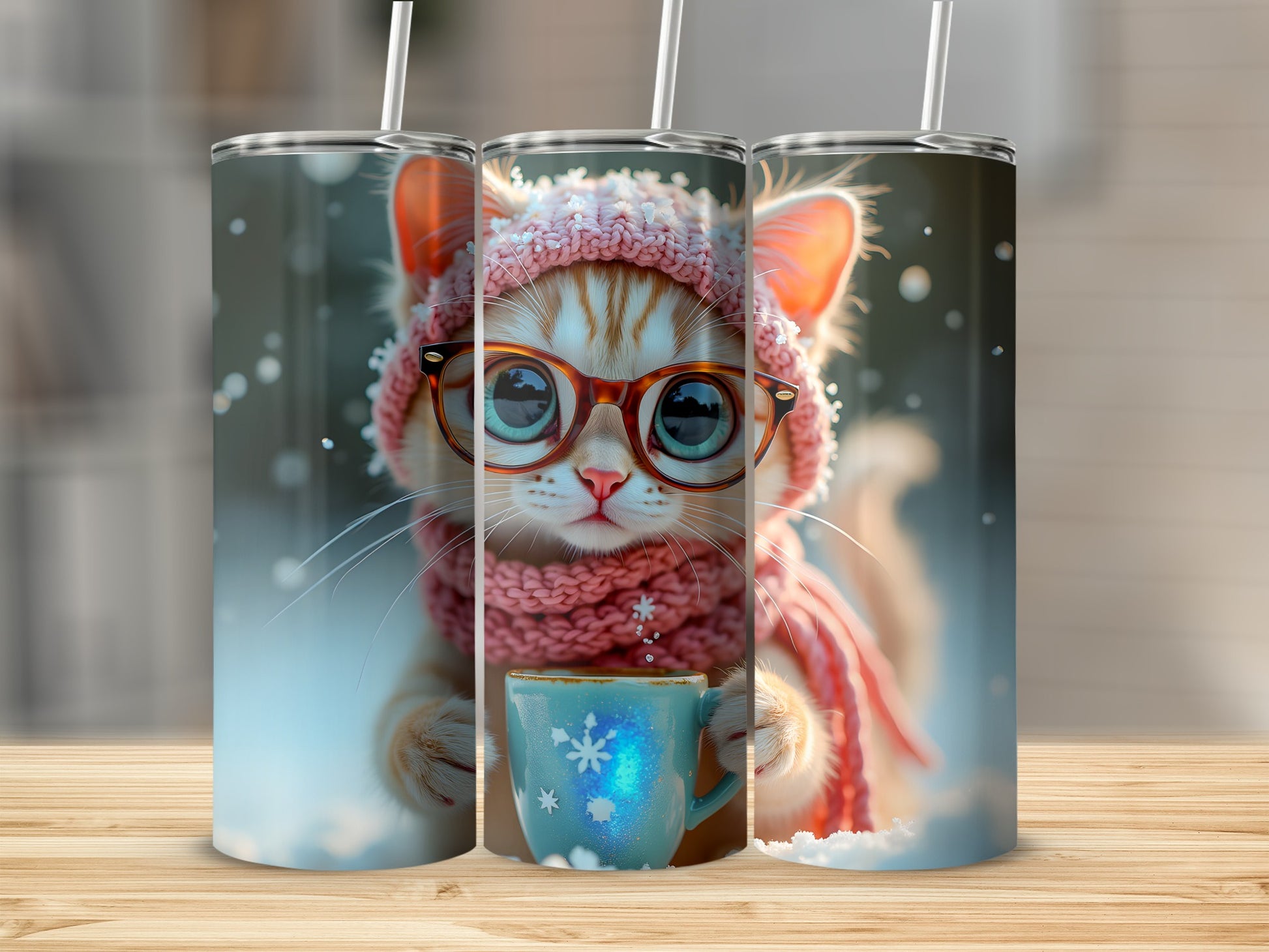Ginger cat wearing glasses and a knit hat holding a blue mug.