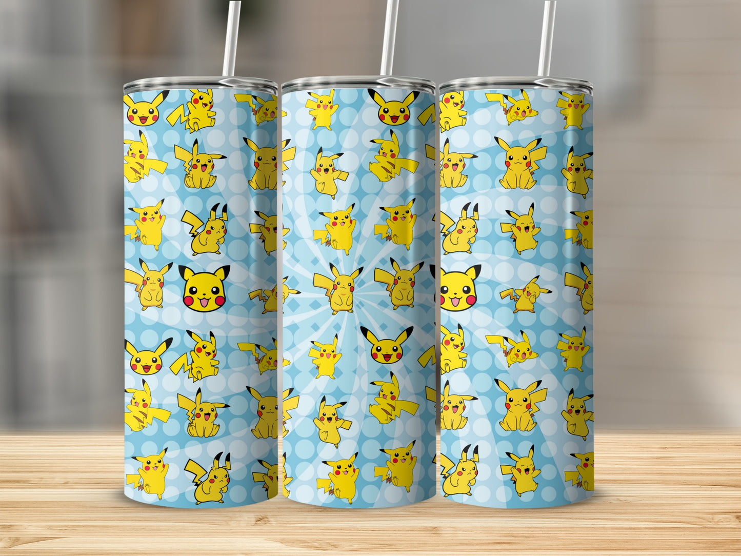 Pikachu Patterned Blue Background Custom Tumbler