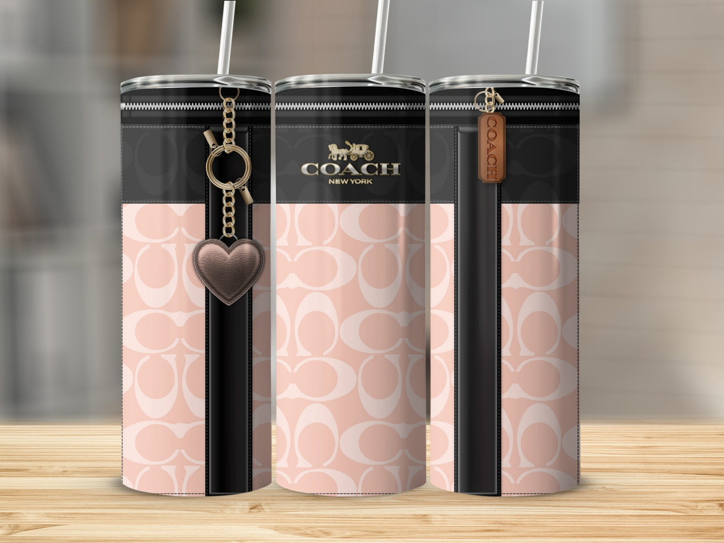 Stylish Black Pink Coach New York Tumbler with Keychain