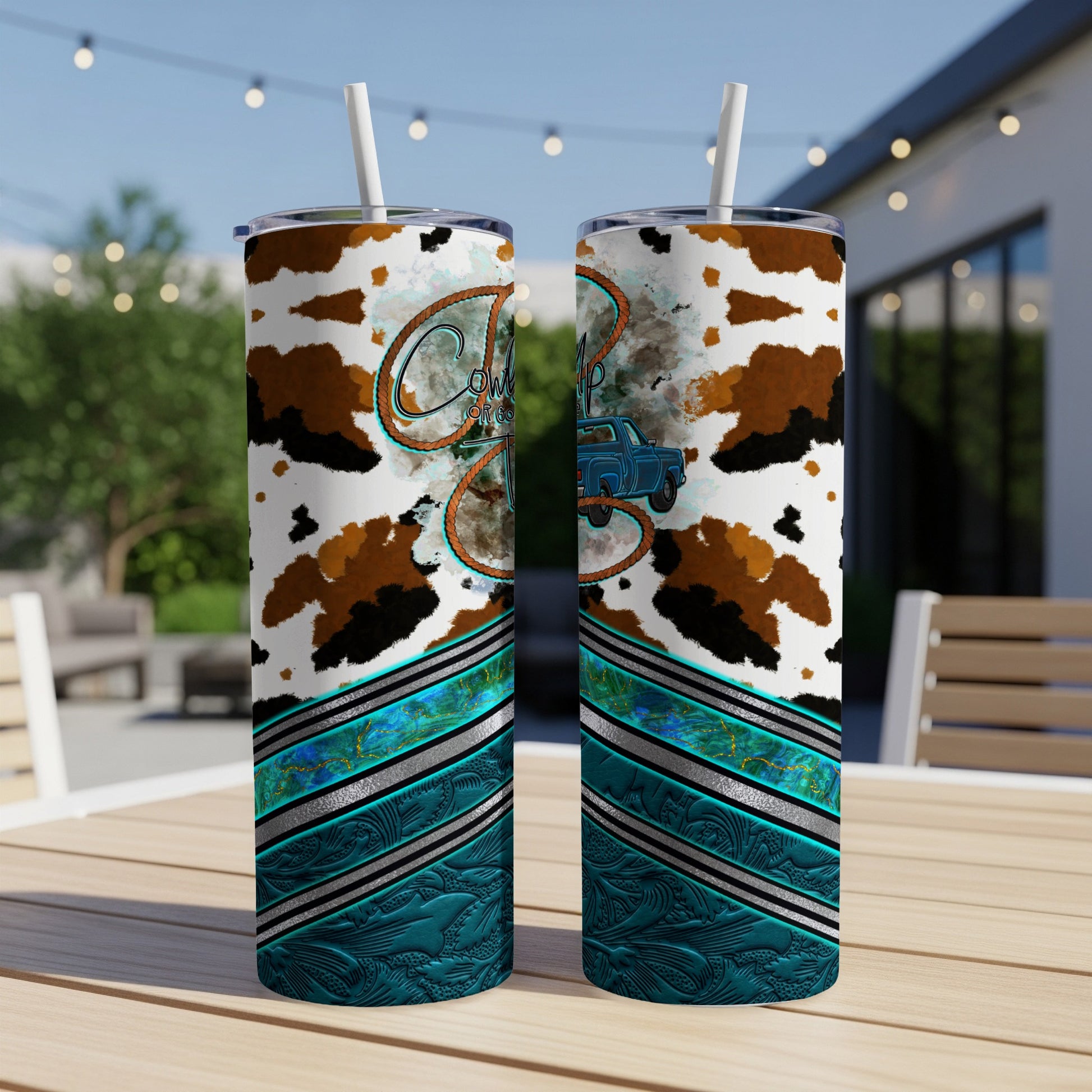 Two tumblers with cow print, turquoise accents, and a blue truck graphic.