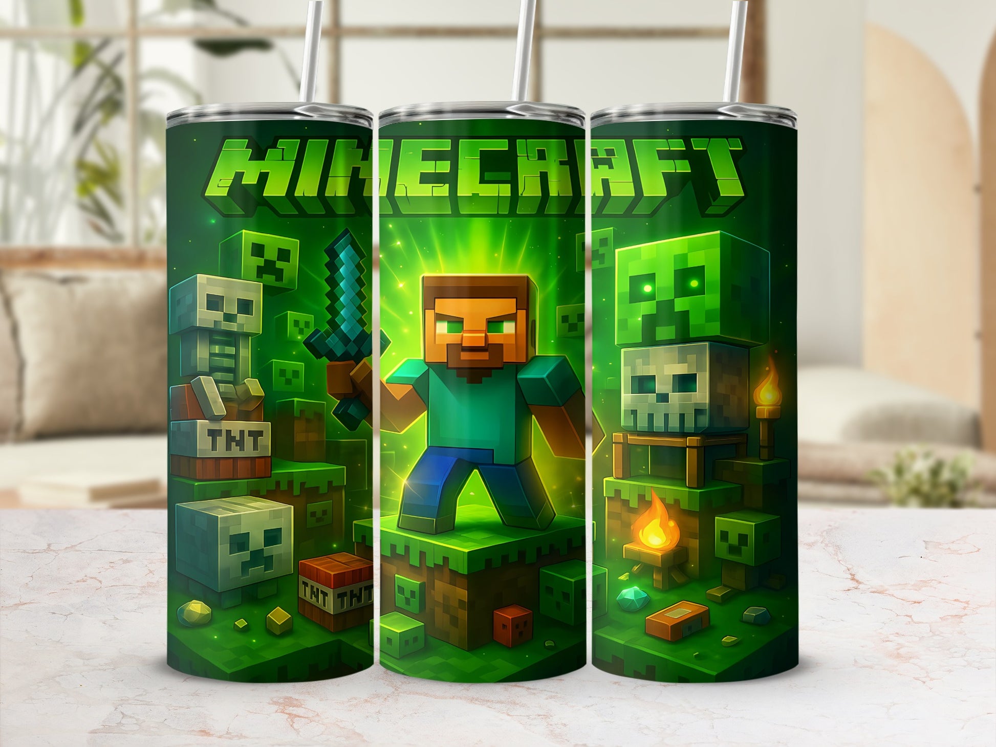 Minecraft Themed Stainless Steel Tumbler with Straw