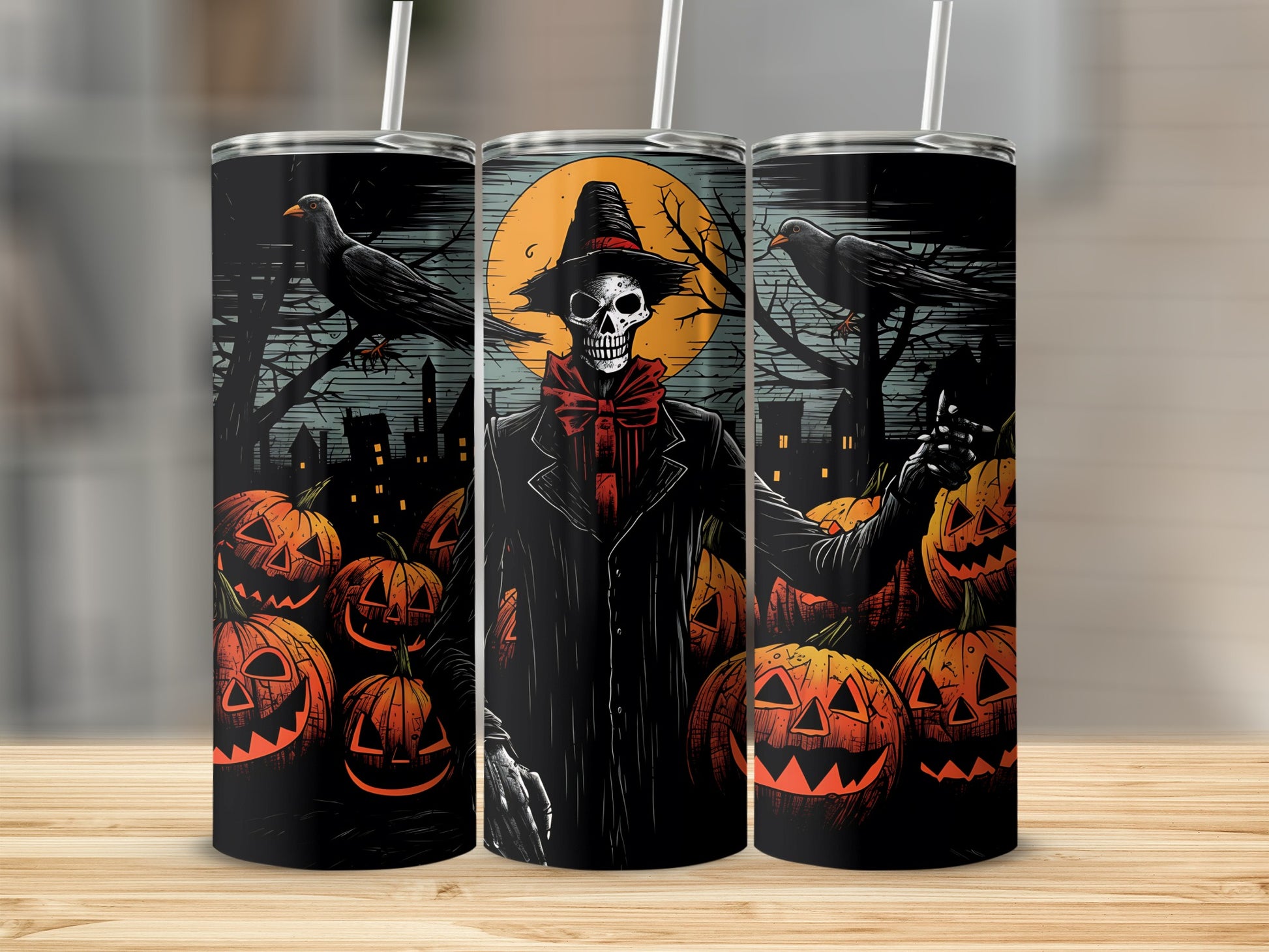 Skeleton figure in a hat and red bow tie surrounded by jack-o'-lanterns and crows under a full moon.