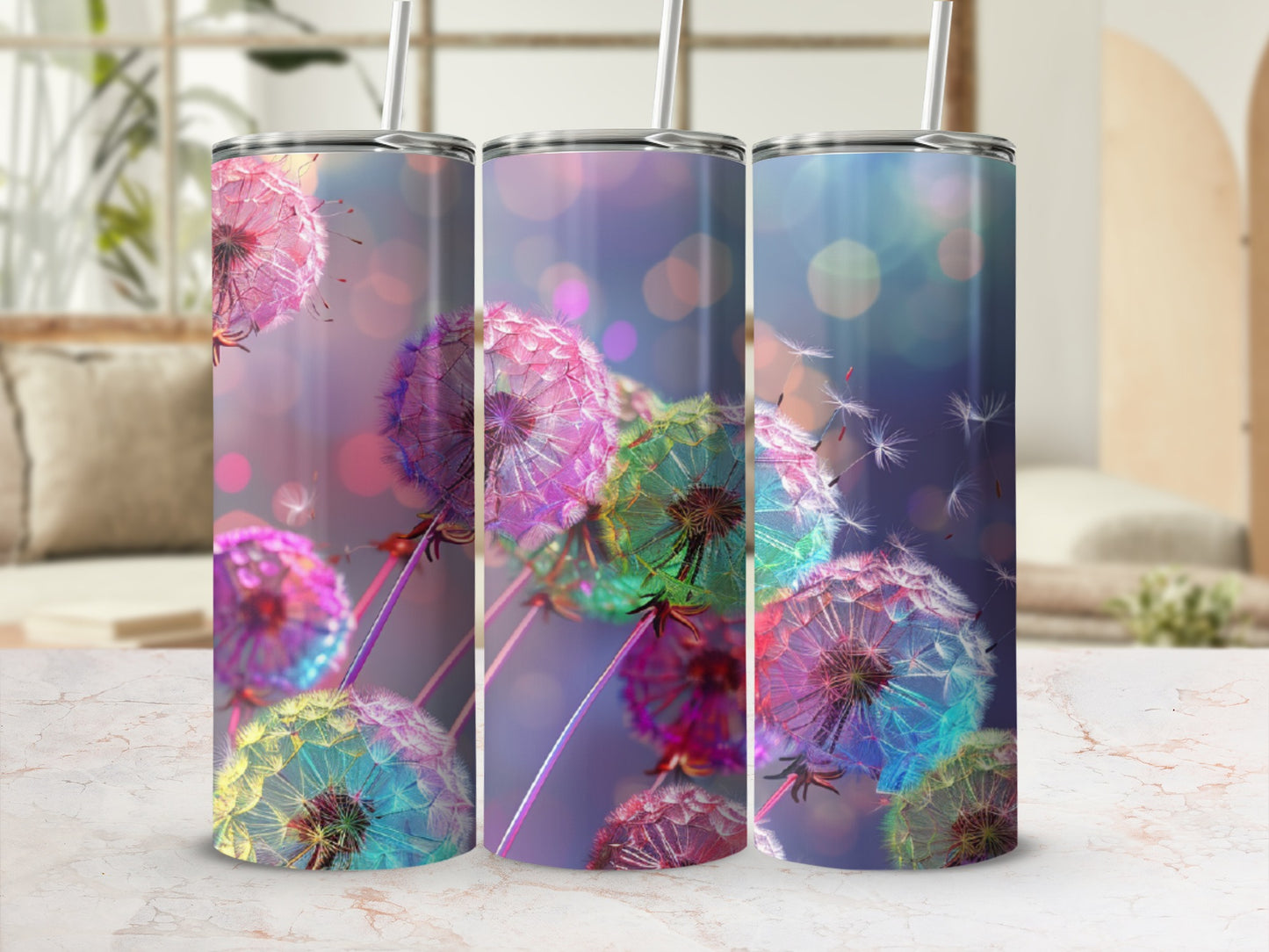 Three tumblers with a colorful dandelion seed head design.