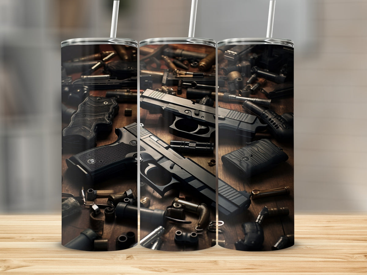 Three tumblers featuring a close-up of firearms and ammunition on a wooden surface.