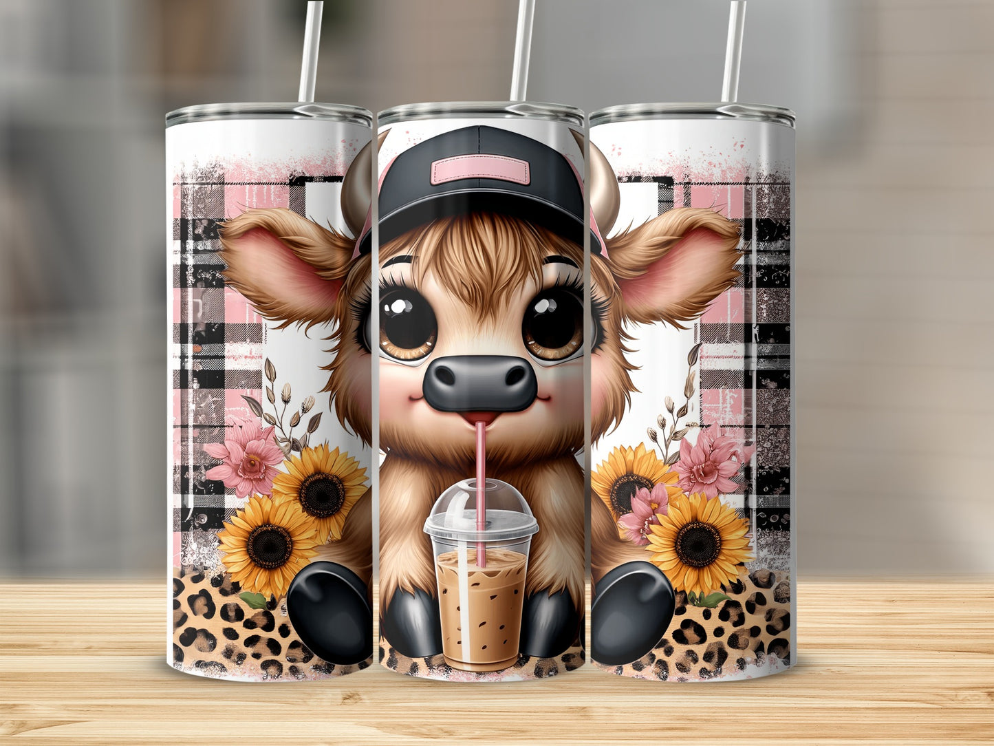 Cute cartoon cow wearing a baseball cap drinking iced coffee.