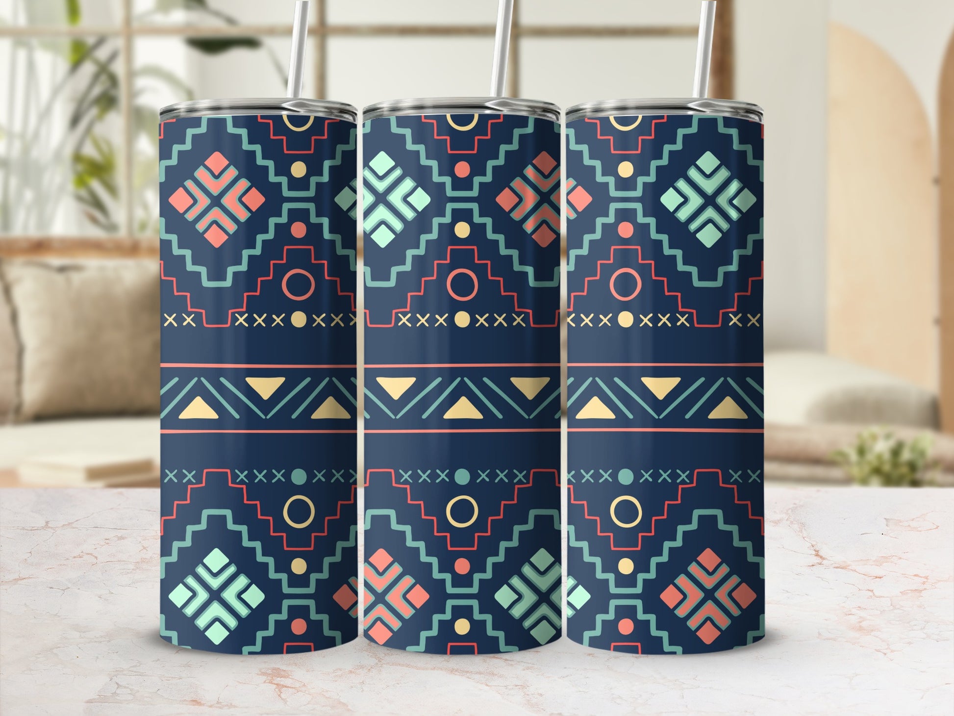 Geometric Pattern Navy Blue Tumbler with Straw