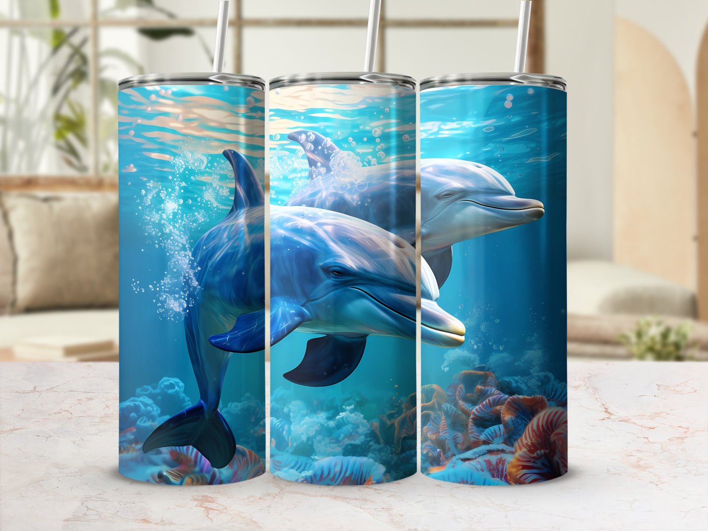 Oceanic Blue Dolphin Marine Life Coral Reef Tumbler