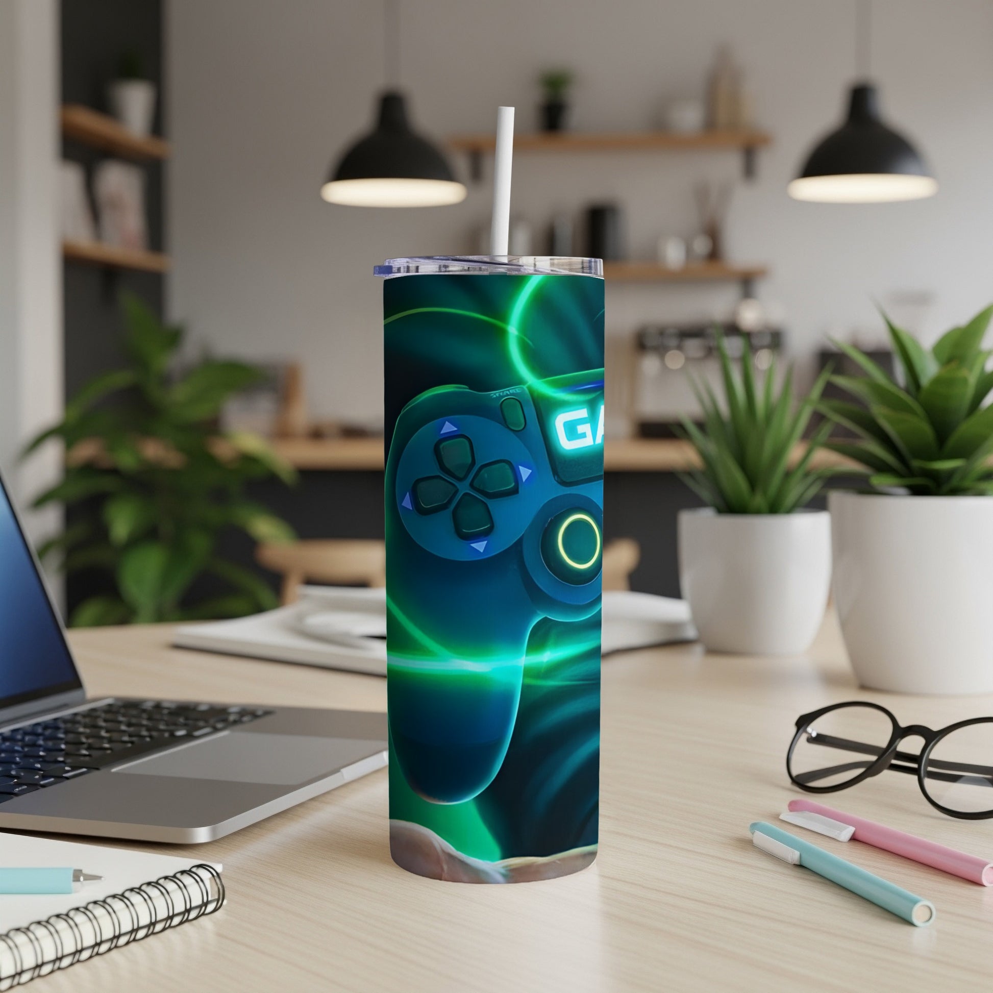 Blue and green video game controller on a tumbler with swirling light effects.
