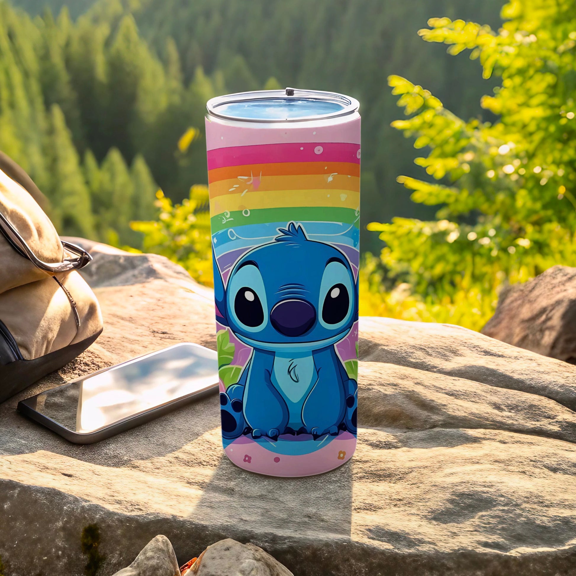 Vibrant Stitch Design Tumbler with Rainbow Background