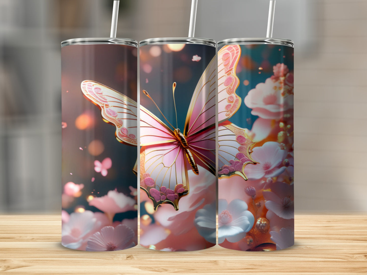 Pink butterfly design on a white tumbler with soft pink floral background.