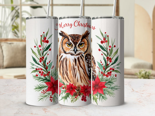 White tumbler with owl and red poinsettias, reads "Merry Christmas".