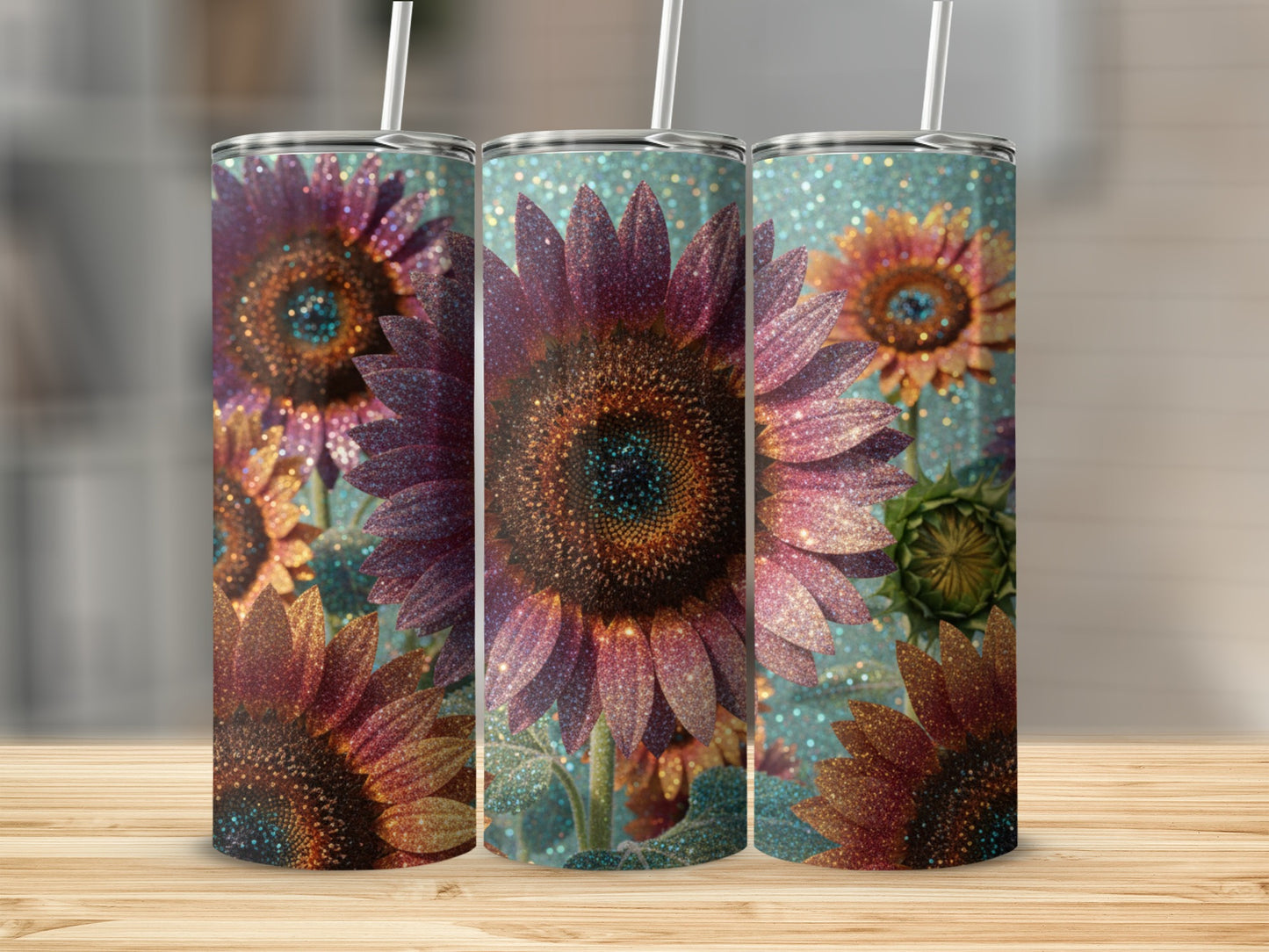 Glittery Sunflower Pattern Insulated Tumbler Flask