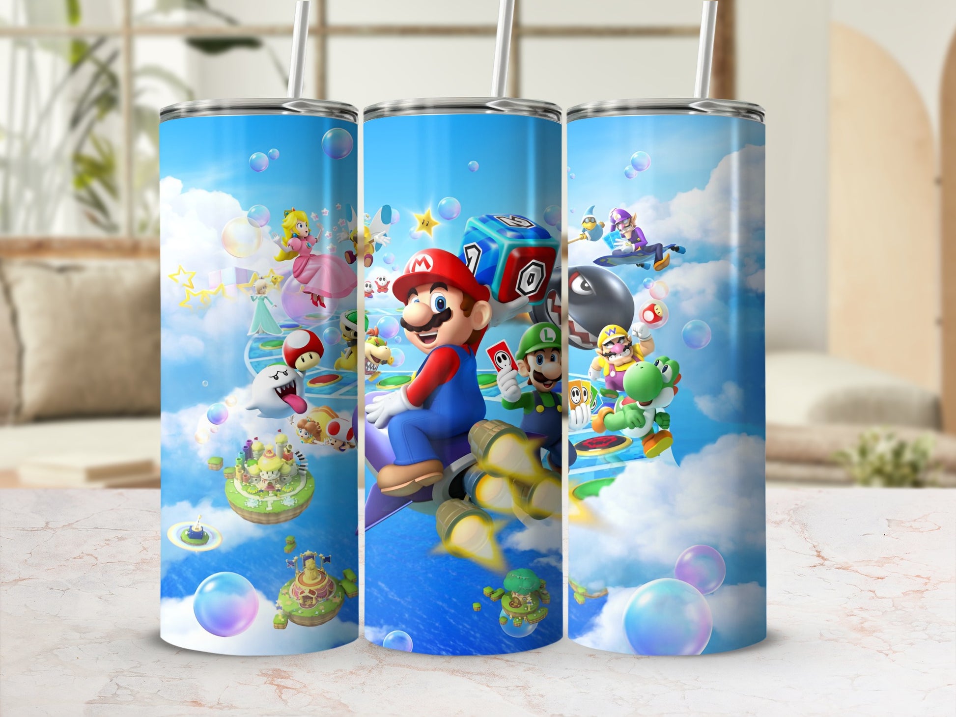 Super Mario characters and items on a sky-themed background with dice.