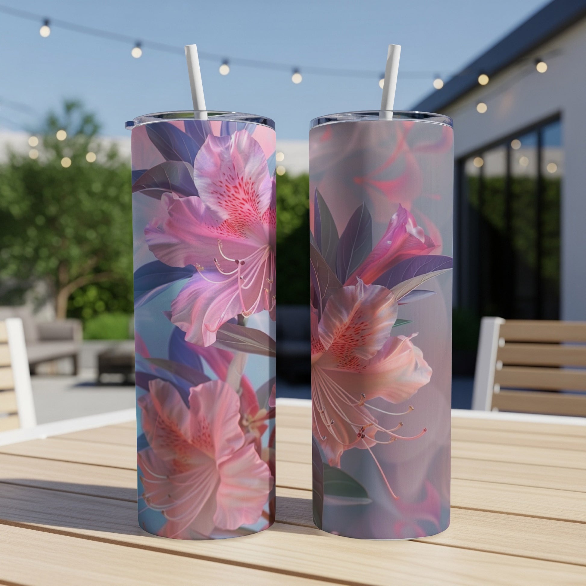 Two tumblers with pink floral patterns on an outdoor table.