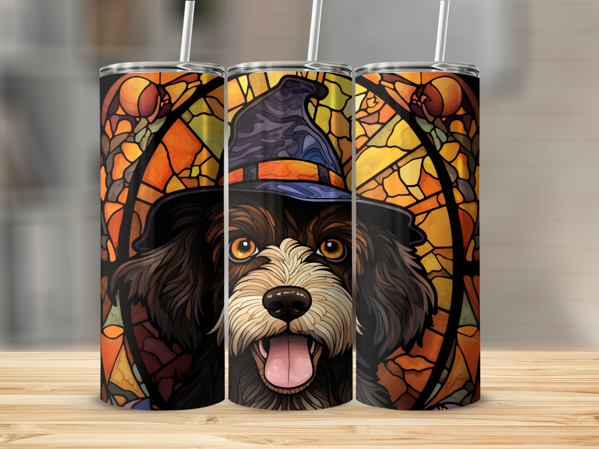 Dog wearing witch hat, stained glass background, Halloween tumbler.