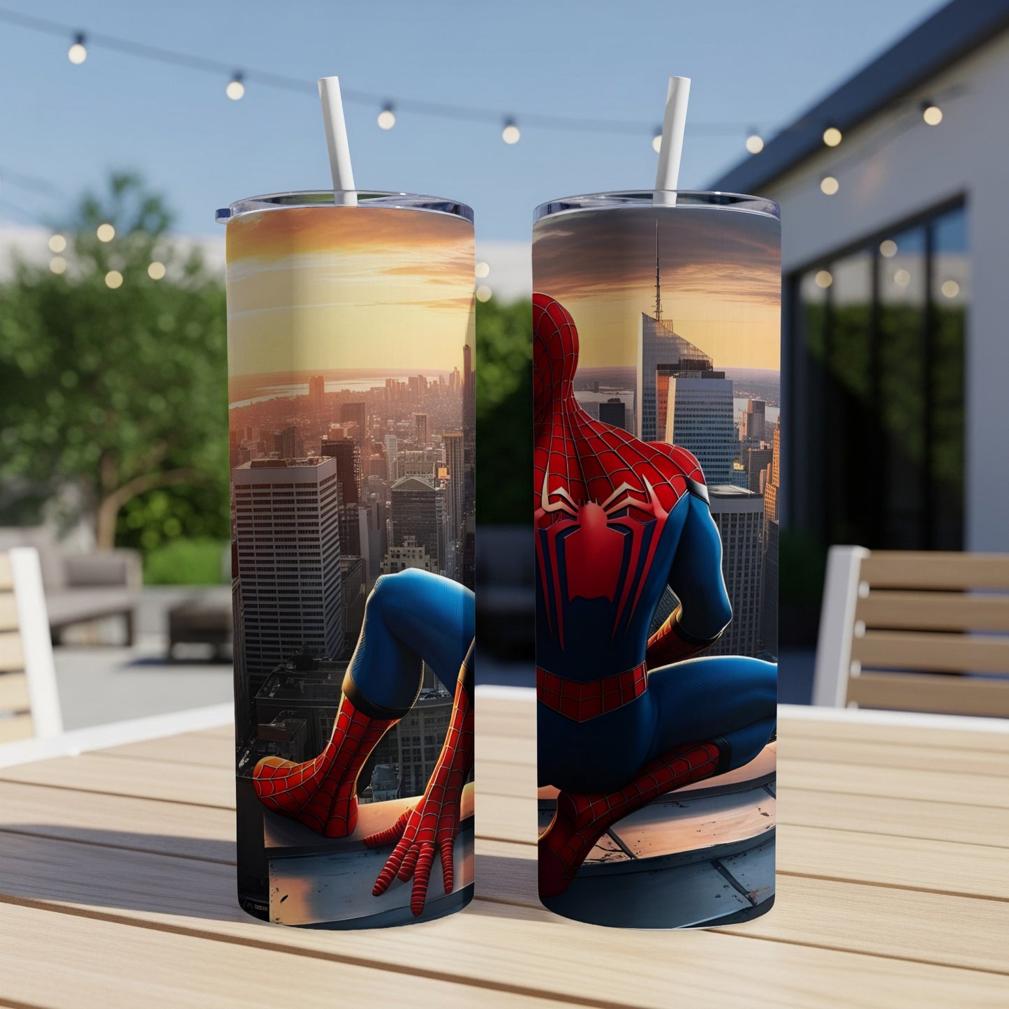 Spiderman sitting on a rooftop overlooking a city skyline.