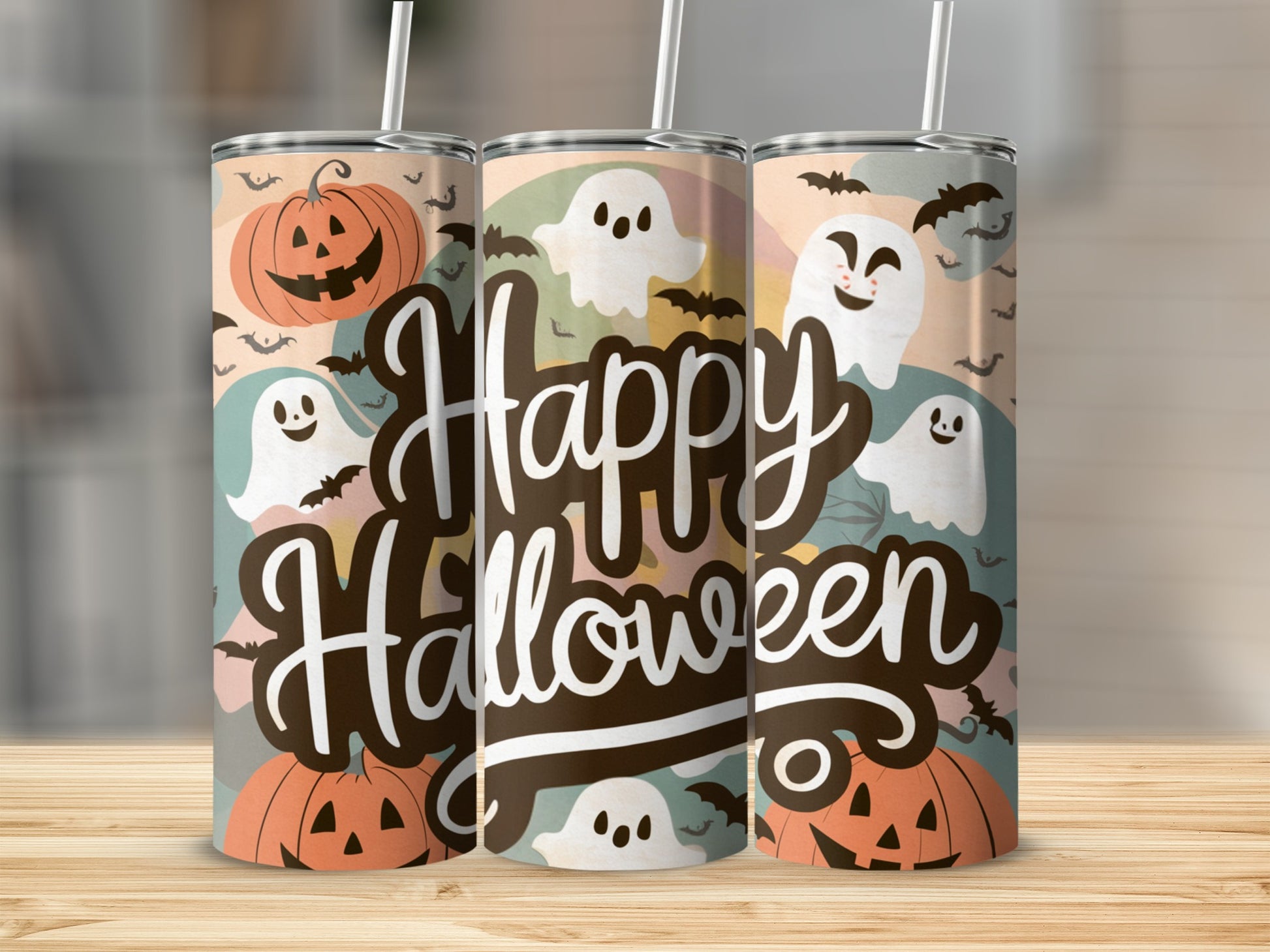 Tumblers with "Happy Halloween" text, ghosts, pumpkins, and bats.