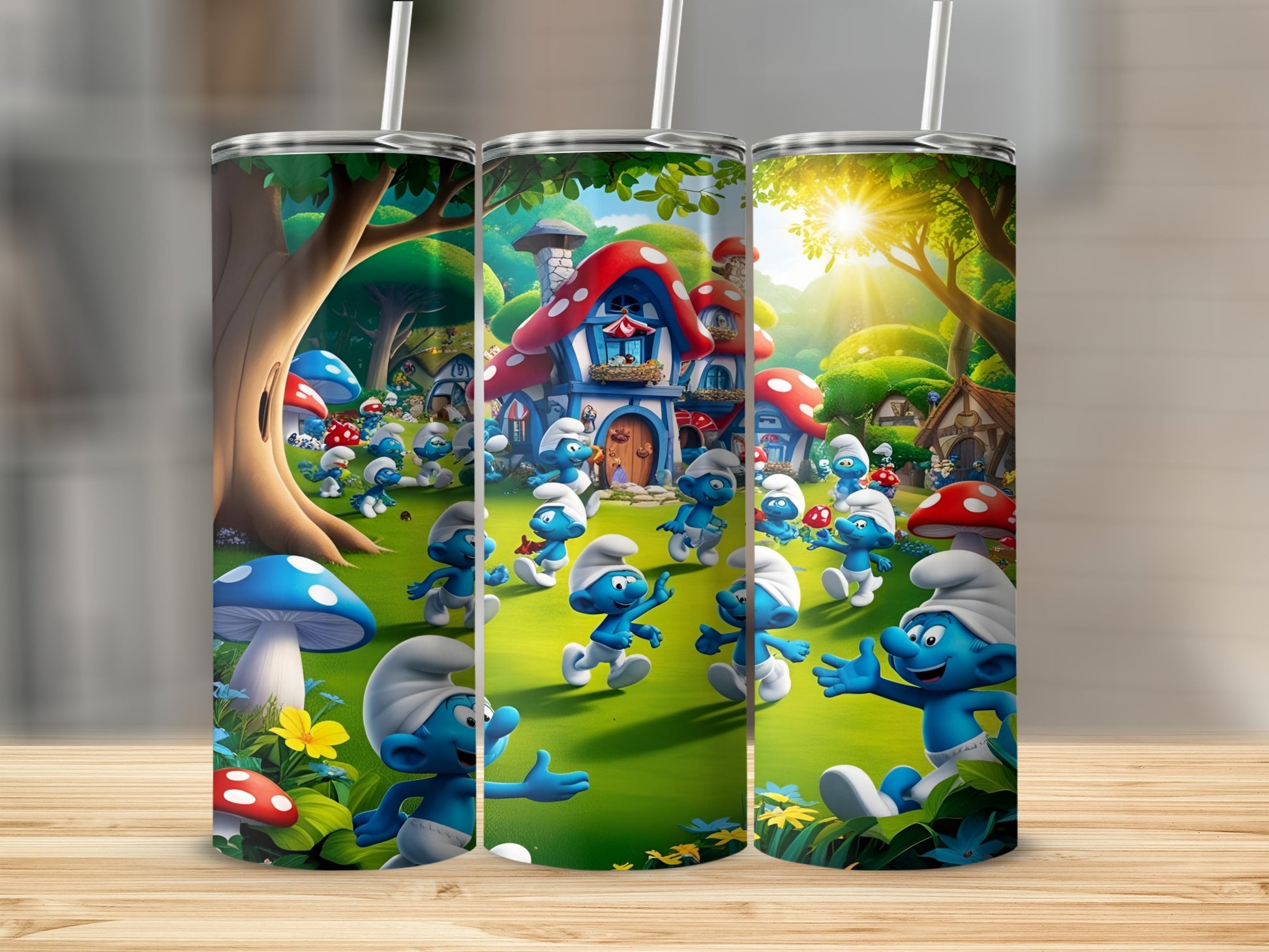 Smurfs dancing and playing in a colorful mushroom village.