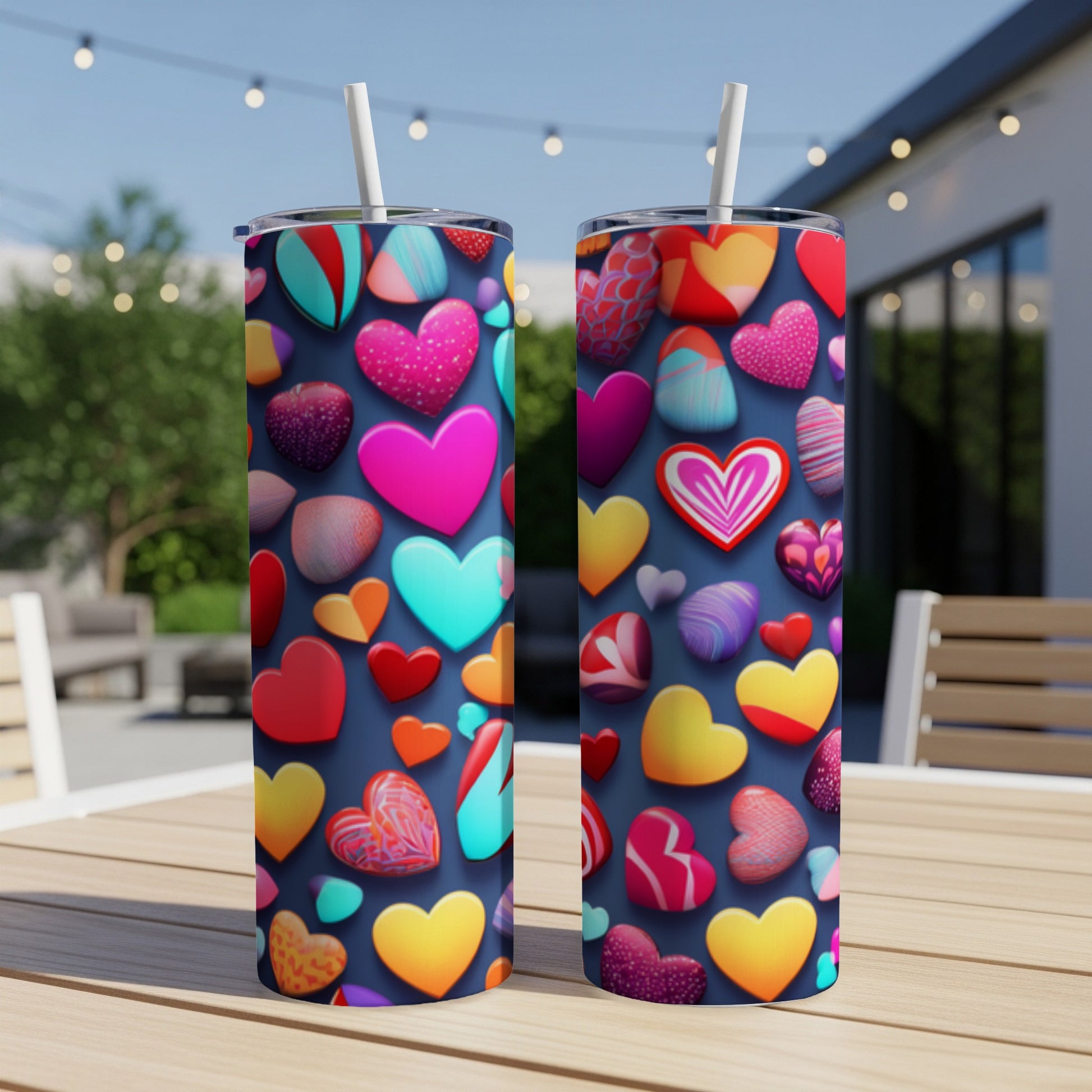 Two tumblers adorned with a vibrant, colorful heart pattern.
