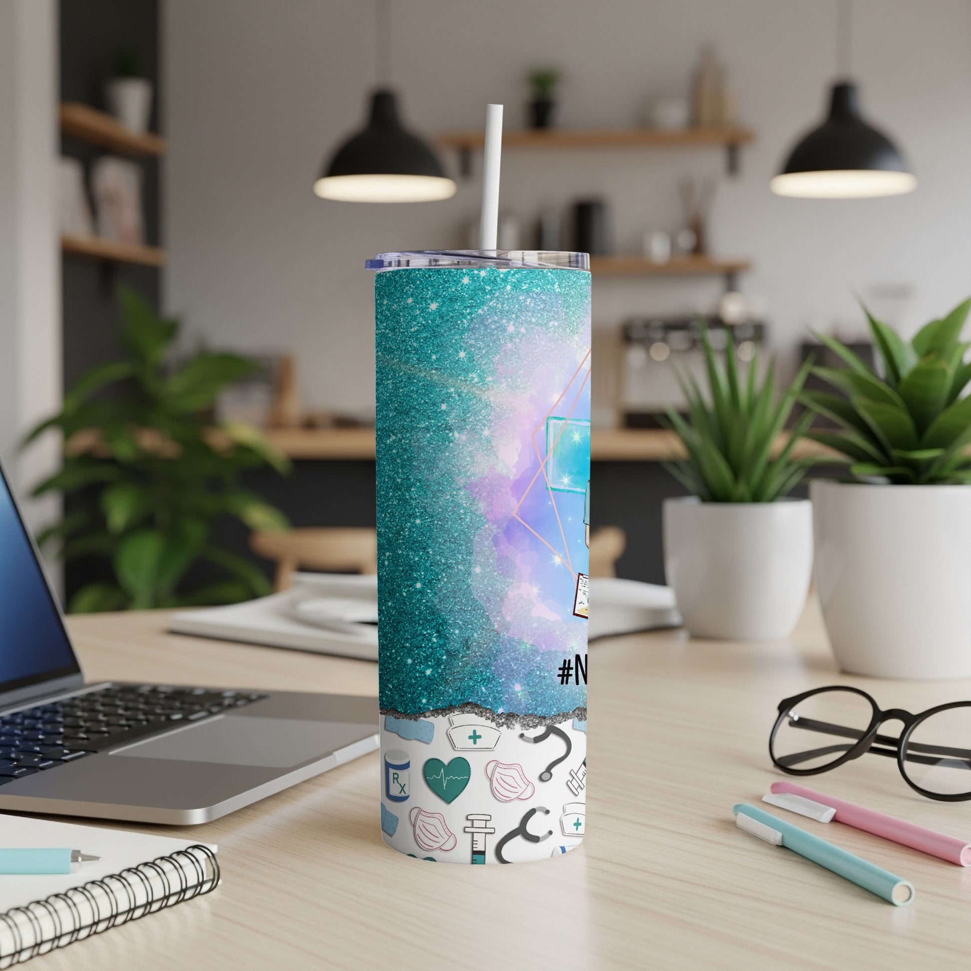 Glittery teal tumbler with medical symbols and #nurse text.