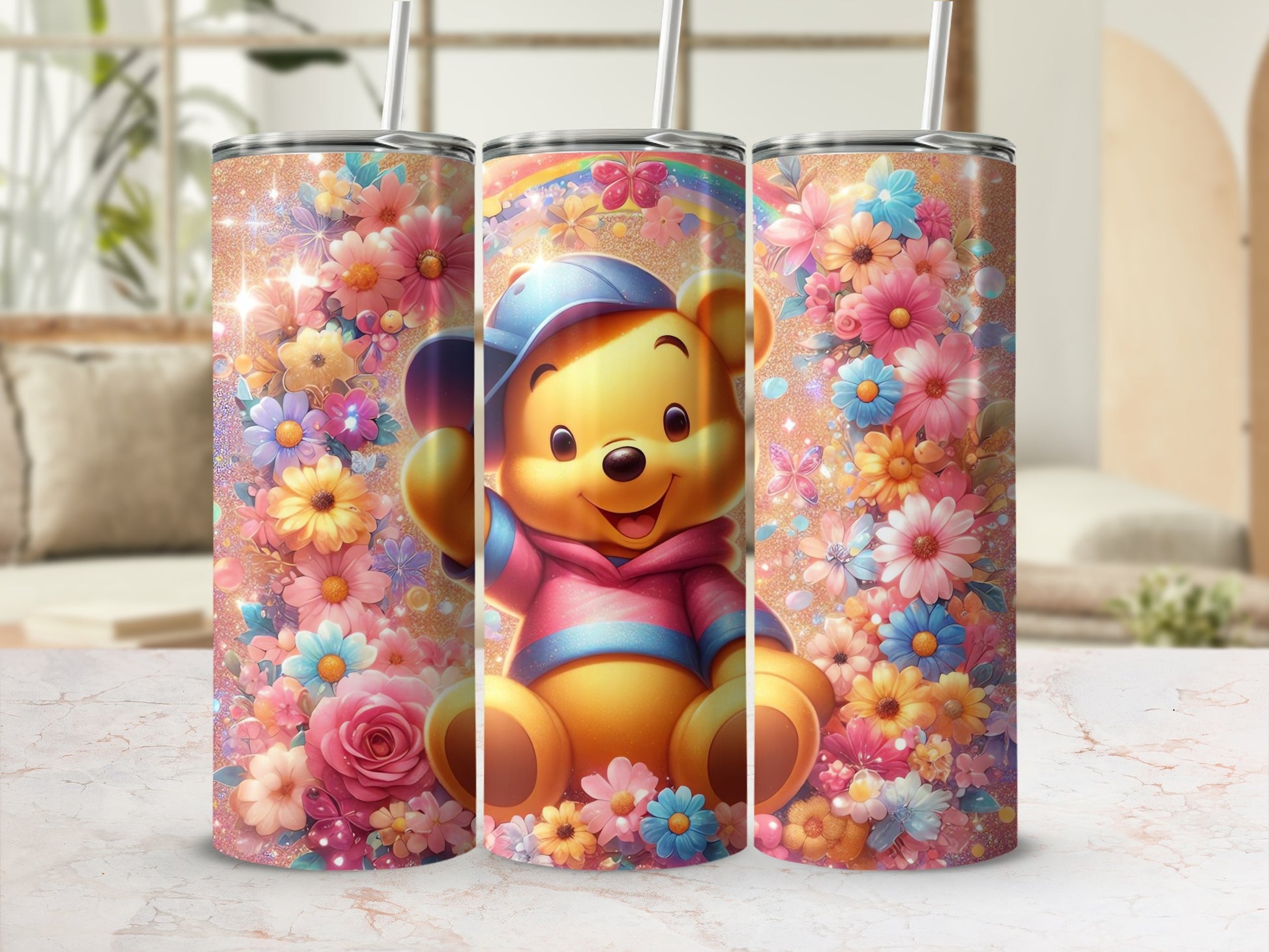 Cute Bear with Colourful Floral Design Tumbler