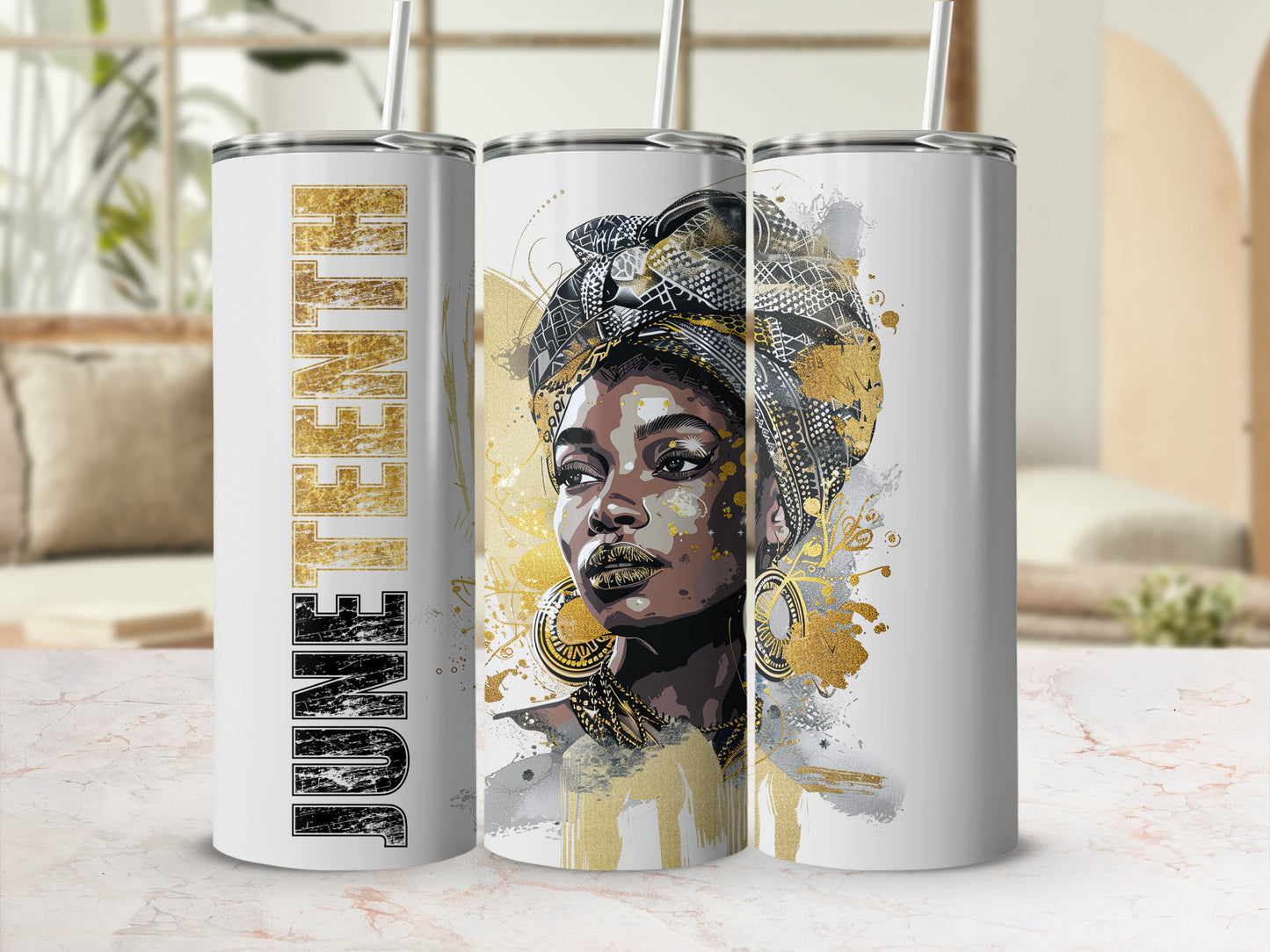 Tumbler with abstract golden crown and 'June' text on a marble surface.
