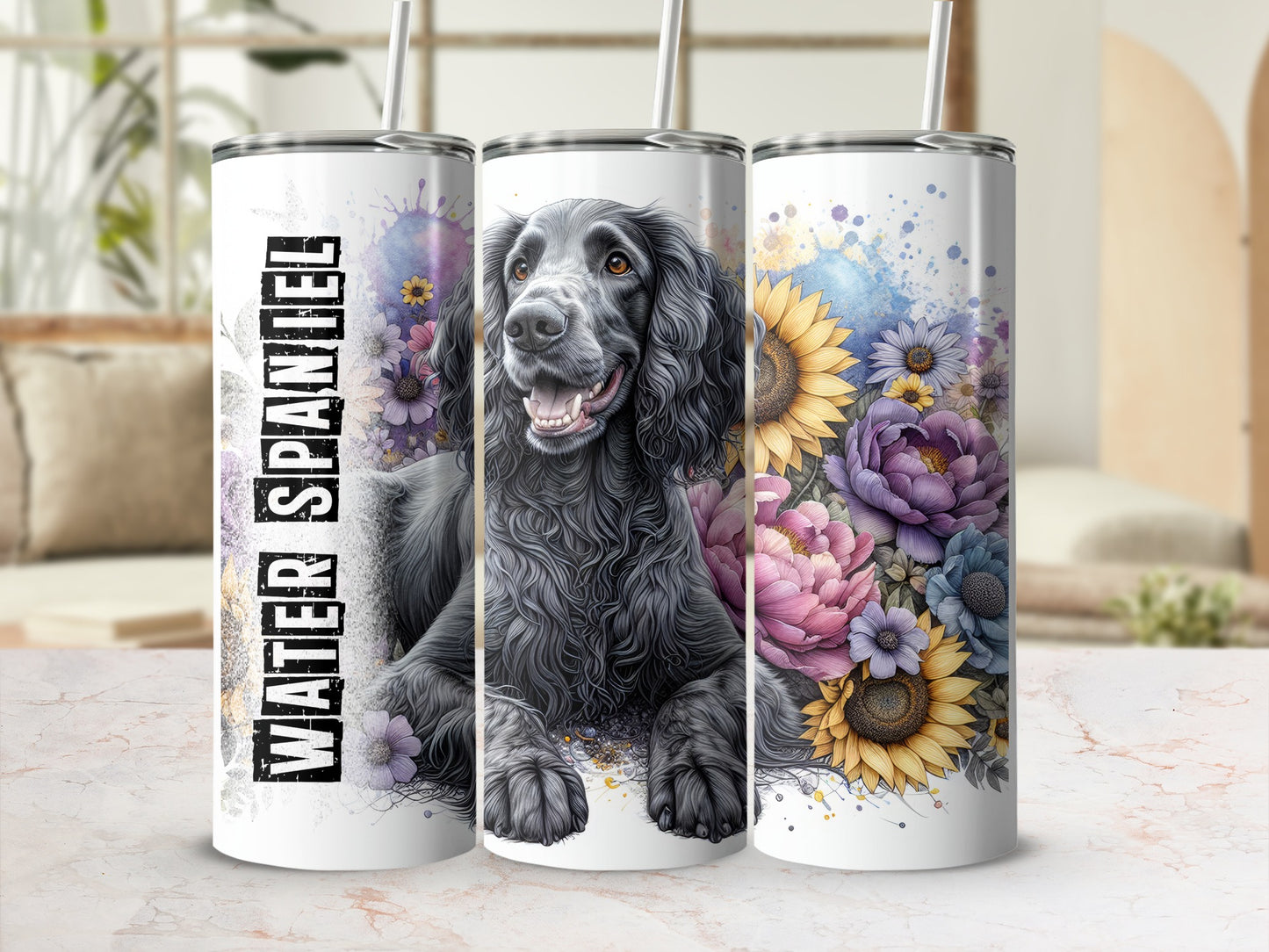 Black Cocker Spaniel with flowers on a tumbler.