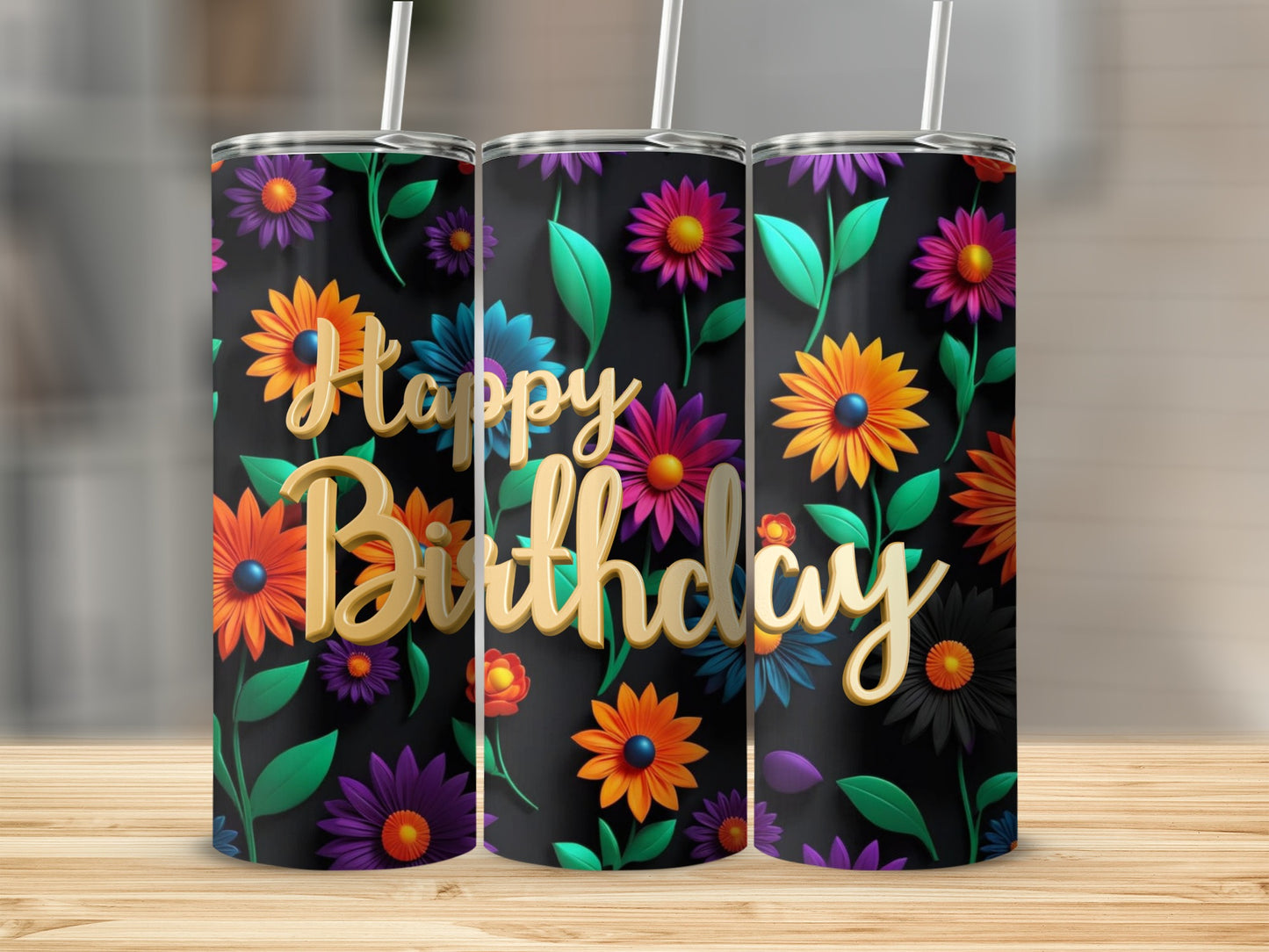 Three tumblers with colorful floral patterns and "Happy Birthday" text.