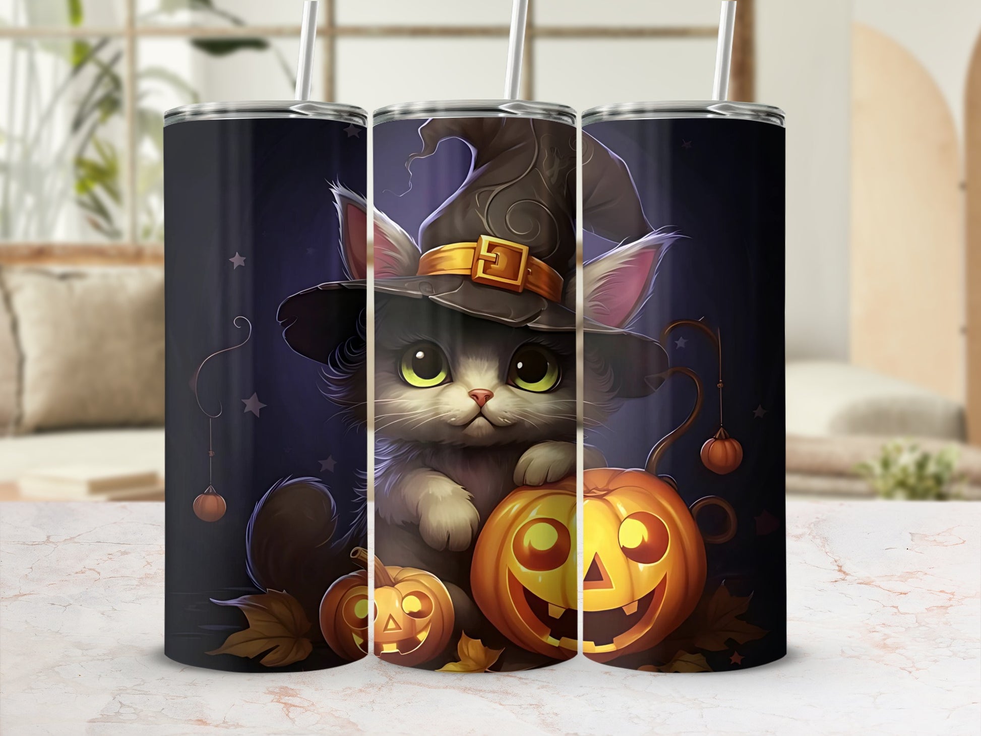 Halloween tumbler with a grey cat wearing a witch hat and pumpkins.