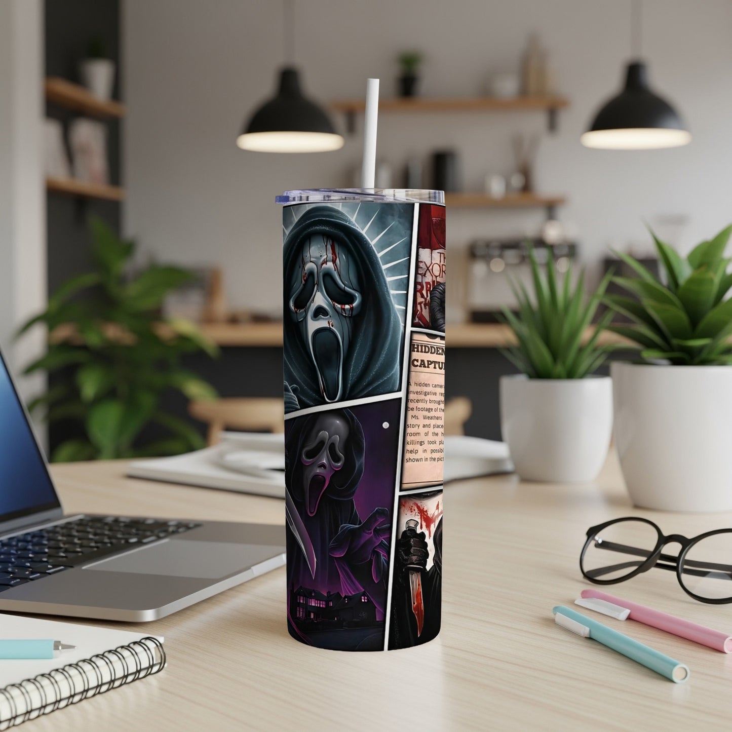 Ghostface mask and knife art on a skinny tumbler with stacked comic panels.