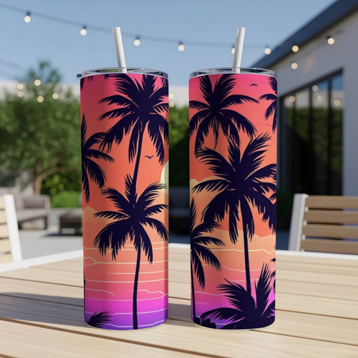 Two tumblers with a sunset and palm tree silhouette design.