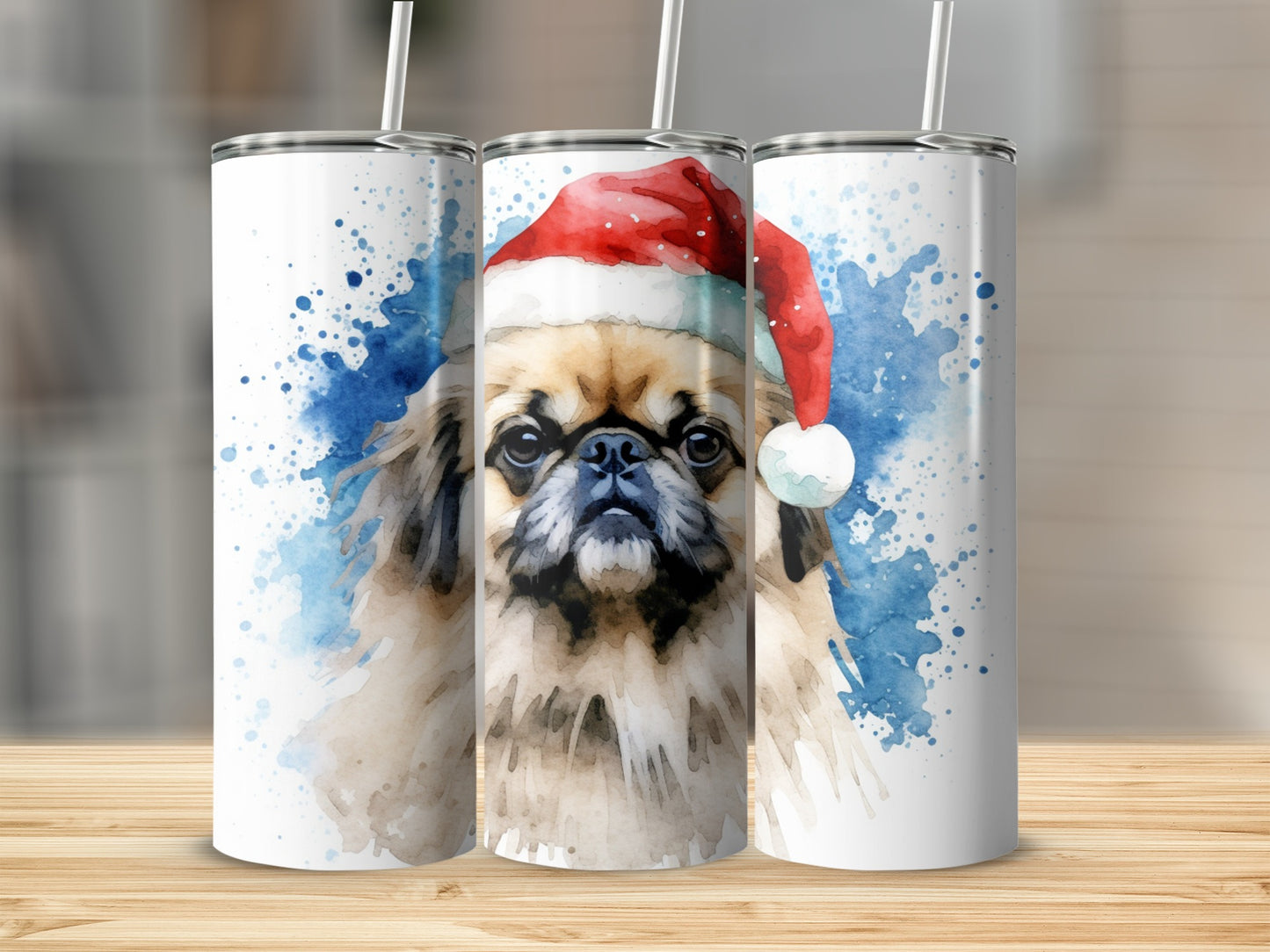Pekingese dog wearing a Santa hat in a watercolor style.