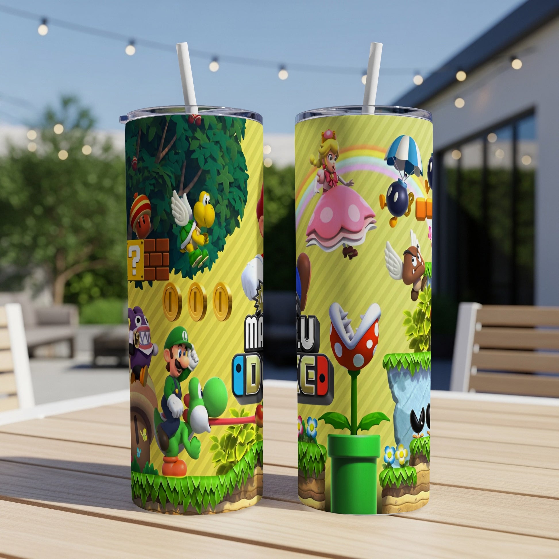 Two Mario characters and iconic game elements on a yellow tumbler.