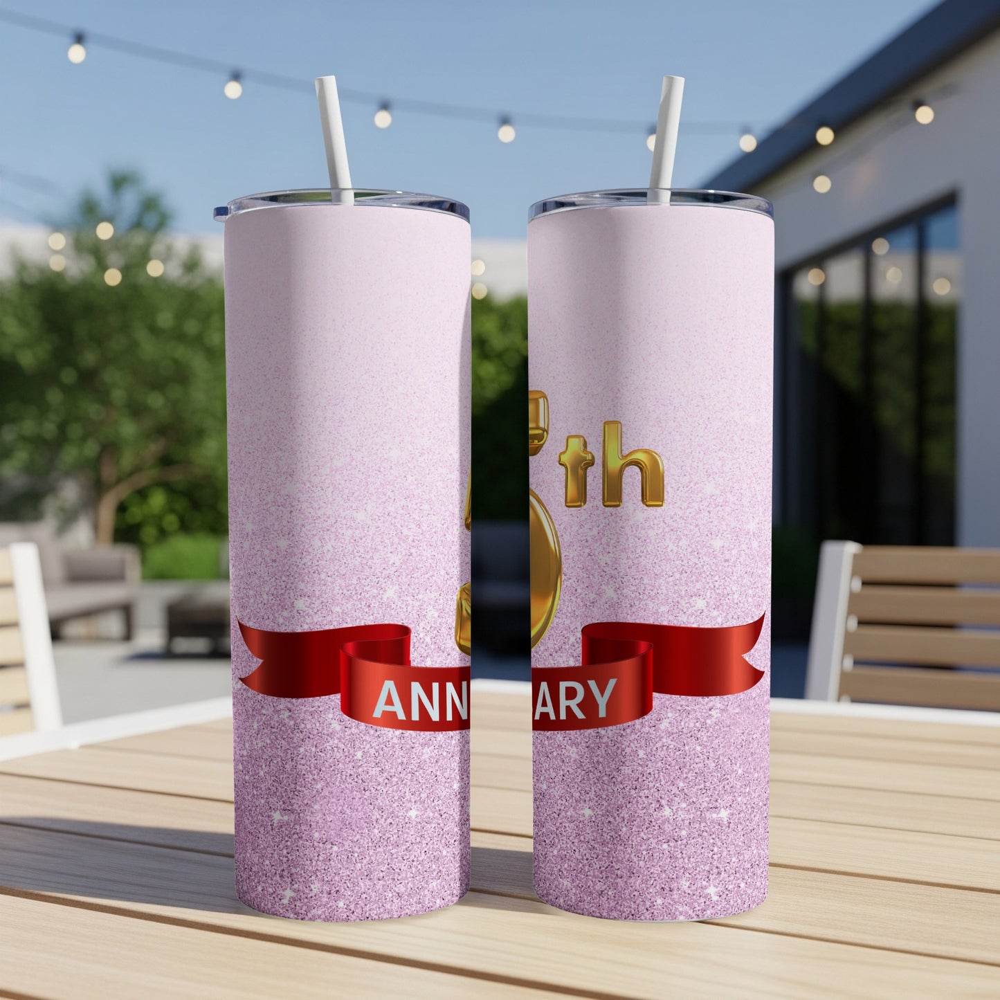 Pink glitter tumbler with "5th Anniversary" text and red ribbon.