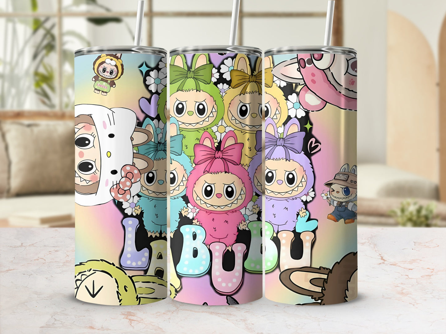 Cute Floral Labubu Character Tumbler Cup with Straw