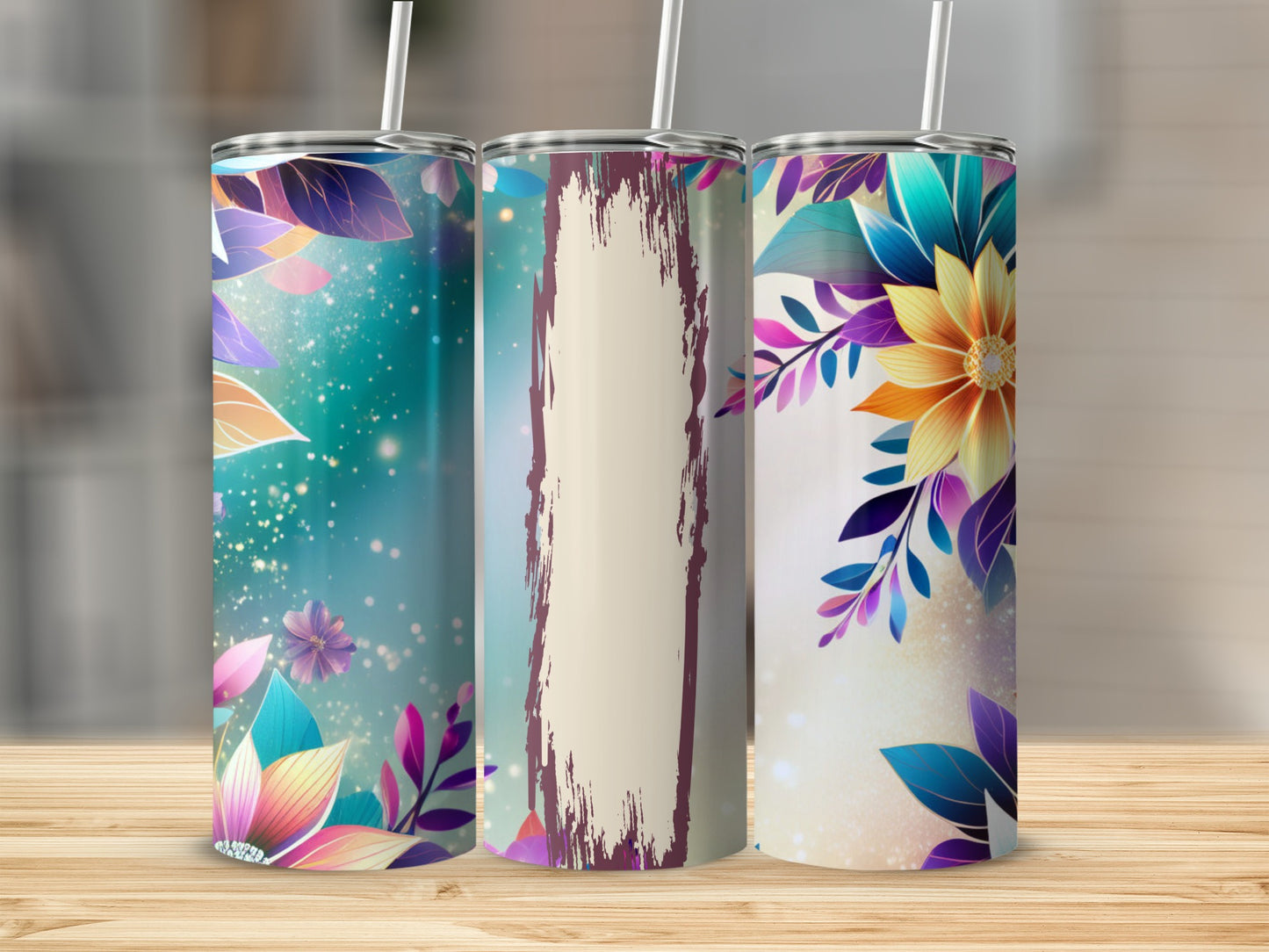 Three tumblers with floral designs and a distressed vertical stripe.