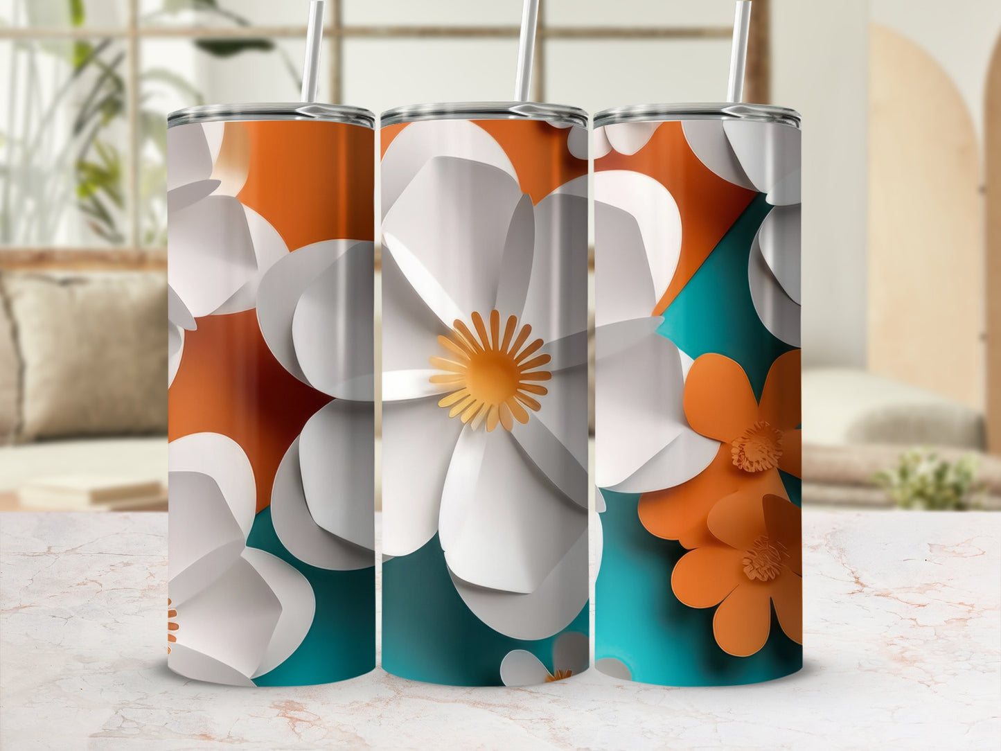 Vibrant Floral Patterned Tumbler Cup with Straw