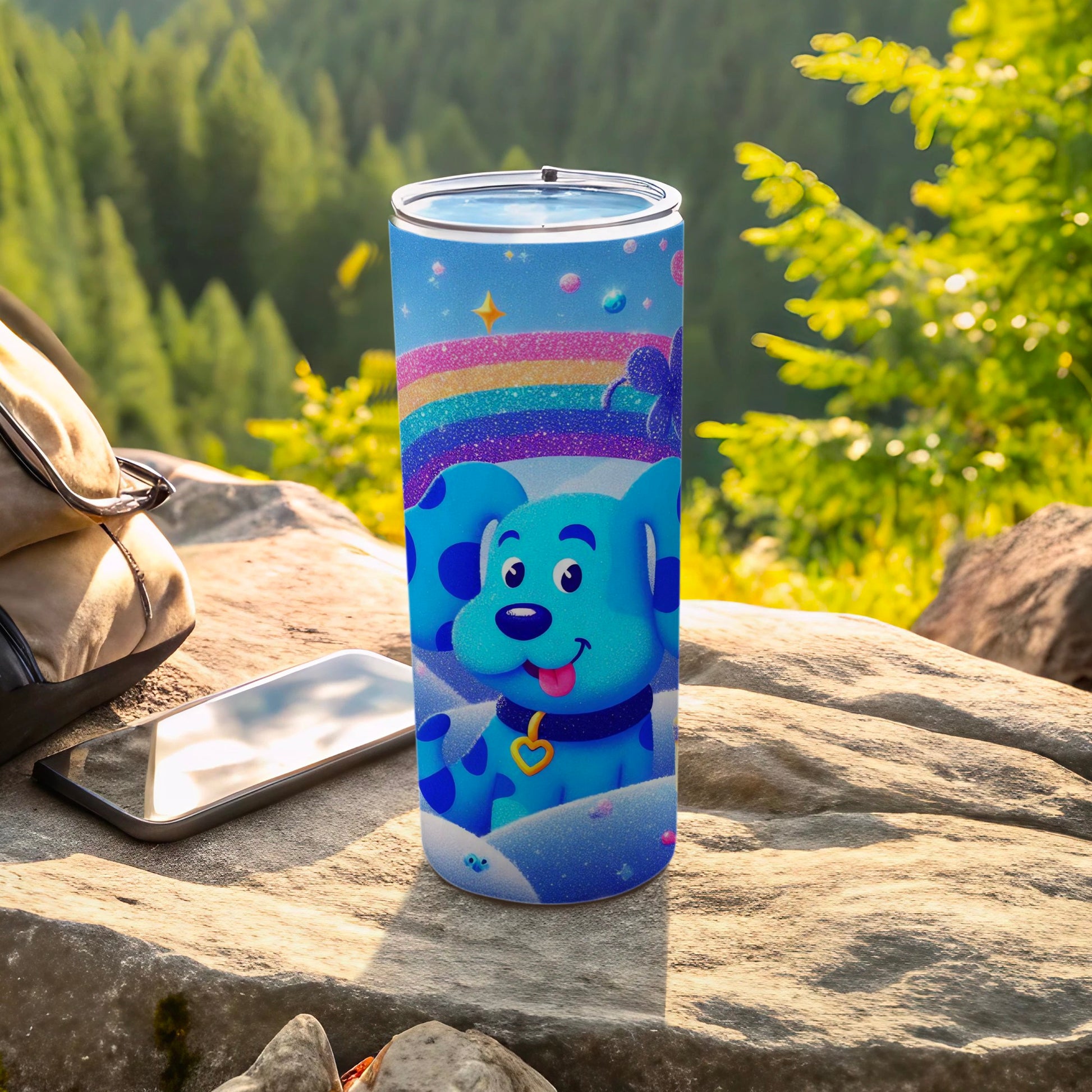 Blue Cartoon Dog with Rainbow Background Tumbler