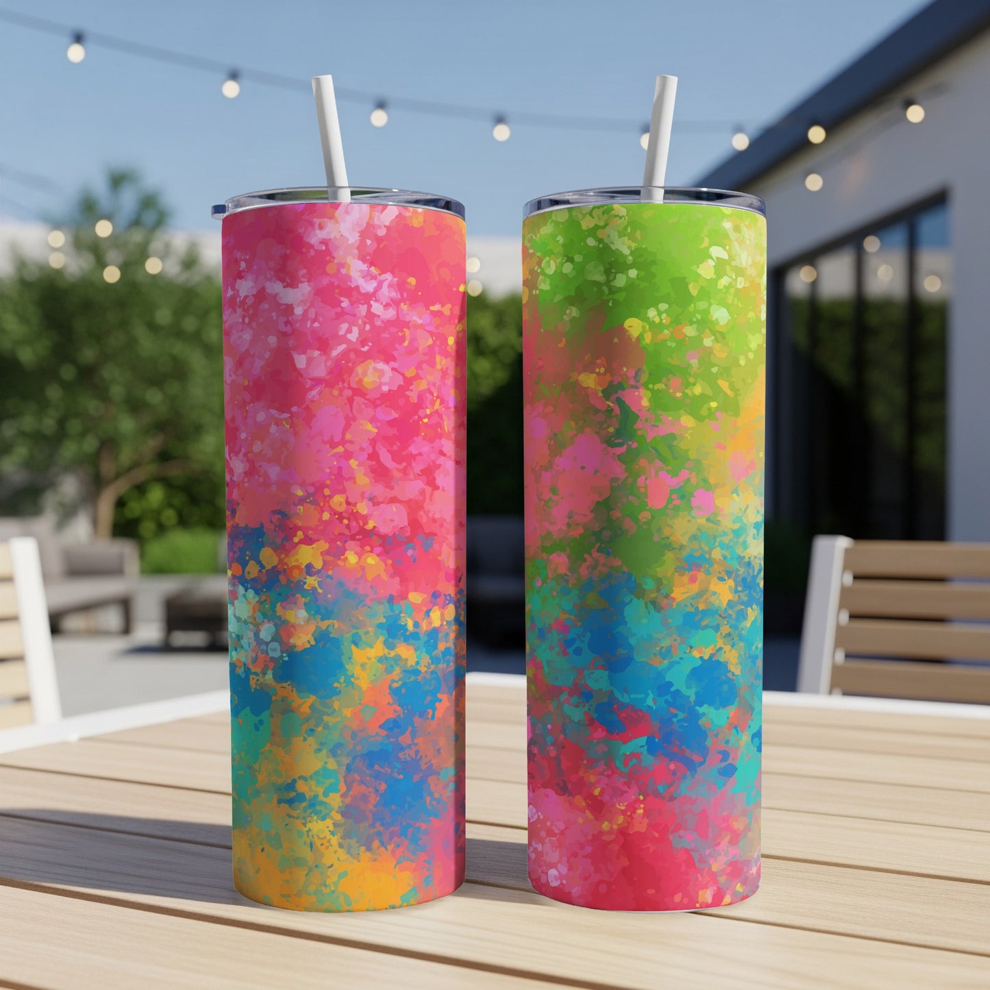 Two tumblers with colorful abstract splatter designs and white straws on a table.